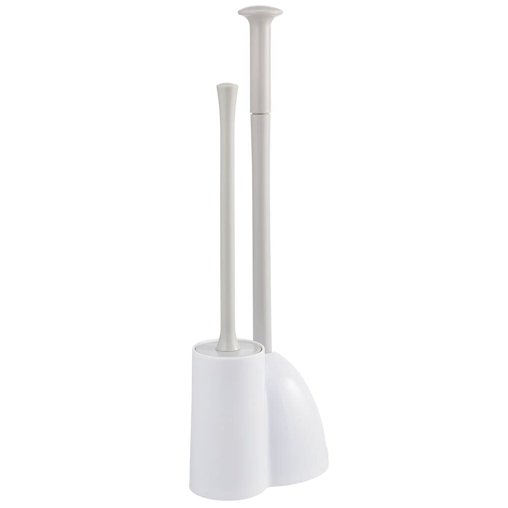 mDesign Hidden Toilet Plunger and Brush Set with Holder - Modern Bathroom Cleaning Combo for Toilet Bowl - Aura Collection in White/Light Gray - Perfect for Small Bathrooms & Tight Spaces