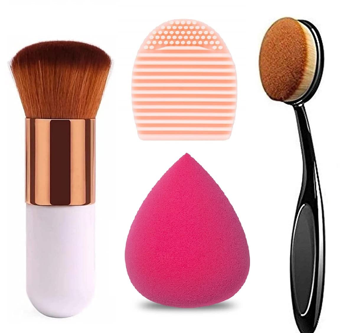 VNZ Professional Makeup Brush Set - 4 Piece Foundation Brush, Oval Brush, Blender Puff & Brush Cleaner Kit for Flawless Makeup Application | Perfect for Daily Use, Travel & Professional Makeup Artists