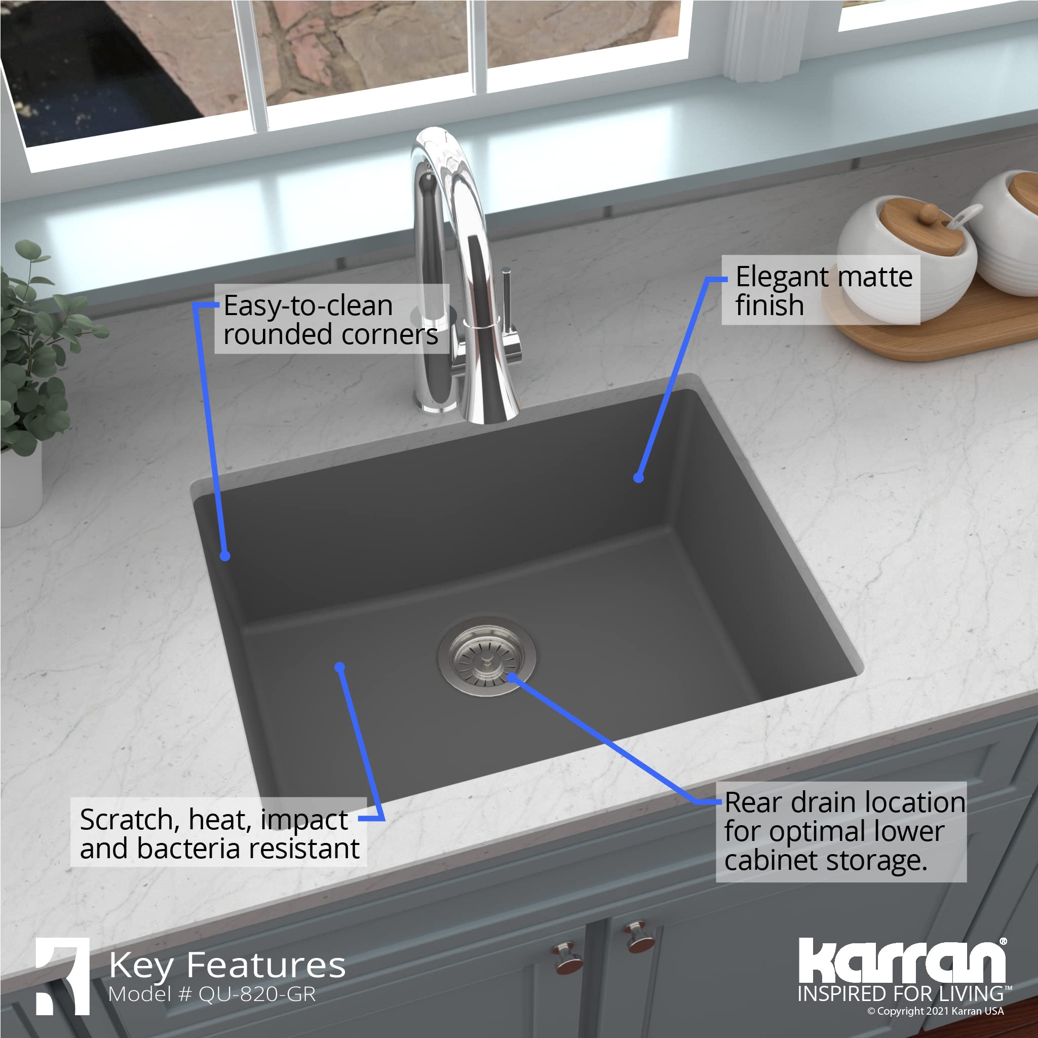 Karran QU-820 Undermount 24.38 Inch Single Bowl Quartz Kitchen Sink Kit in Grey - Durable Stain-Resistant Sink for Modern Kitchens & Food Prep Areas