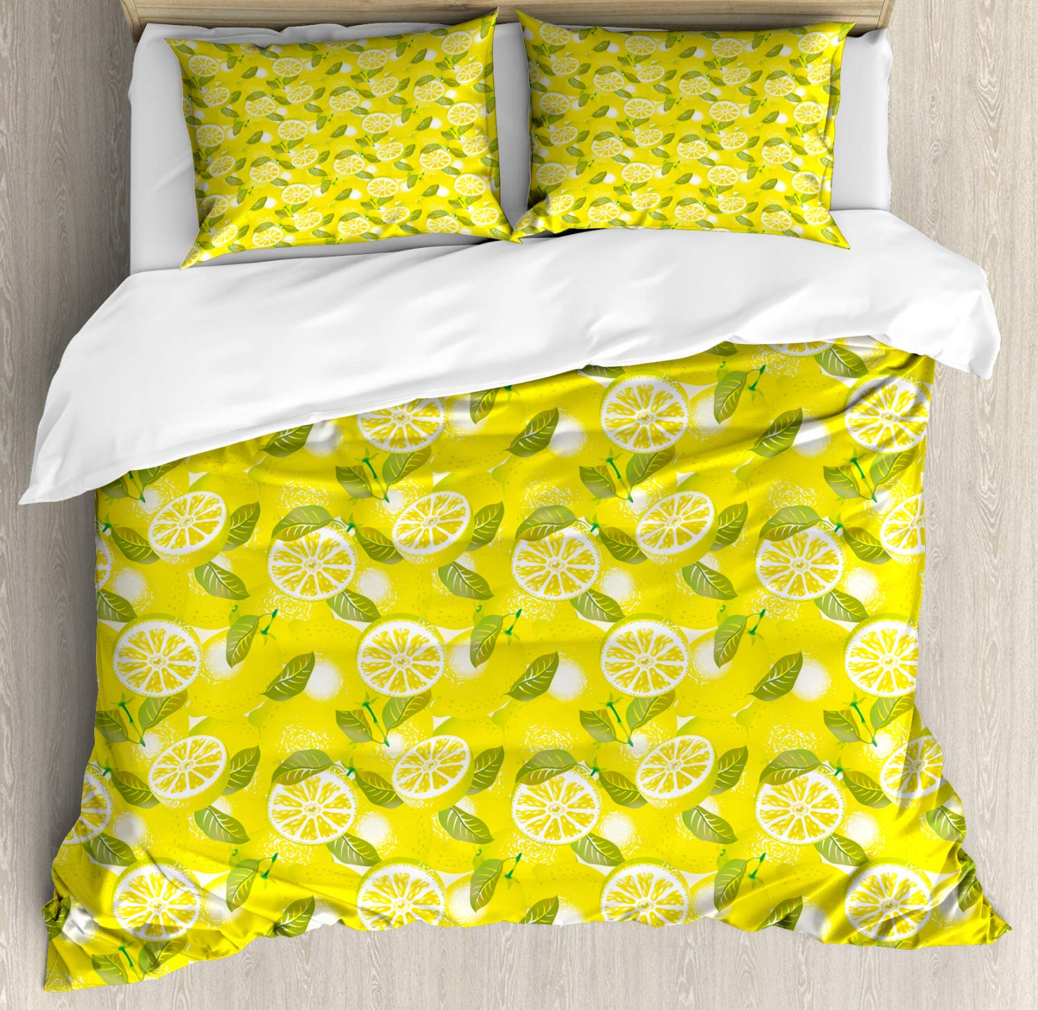 Ambesonne Queen Size Duvet Cover Set - 2 Pack with 4 Pillowcases, Fresh Lemon Slices & Leaves Design in Yellow & Fern Green, Soft Summer Fruit Pattern Bedding for Guest Room or Master Bedroom Decor