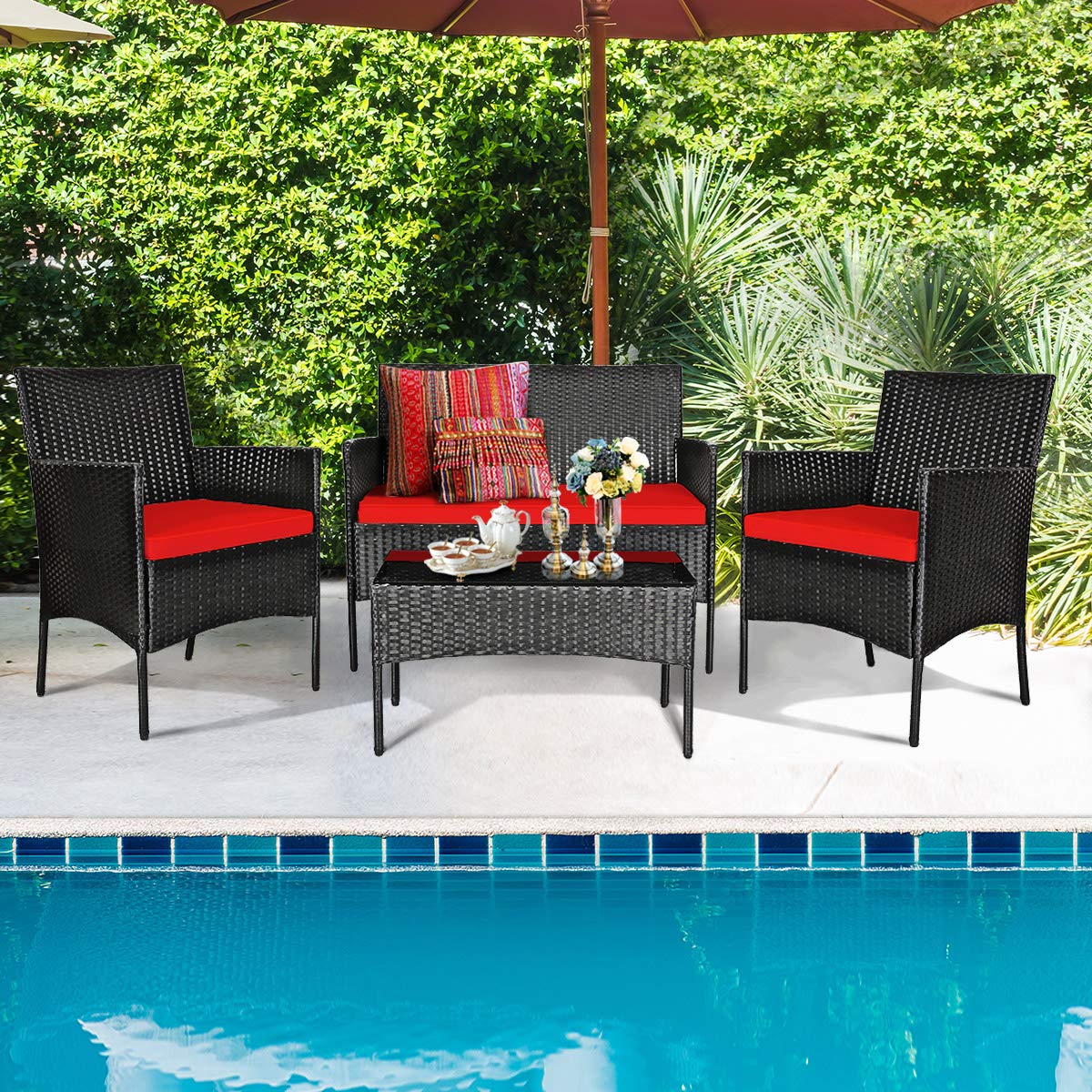 8-Piece Outdoor Patio Furniture Set - Rattan Wicker Conversation Sofa with Tempered Glass Table & Removable Cushions - Perfect for Poolside, Garden, Backyard, and Patio Relaxation