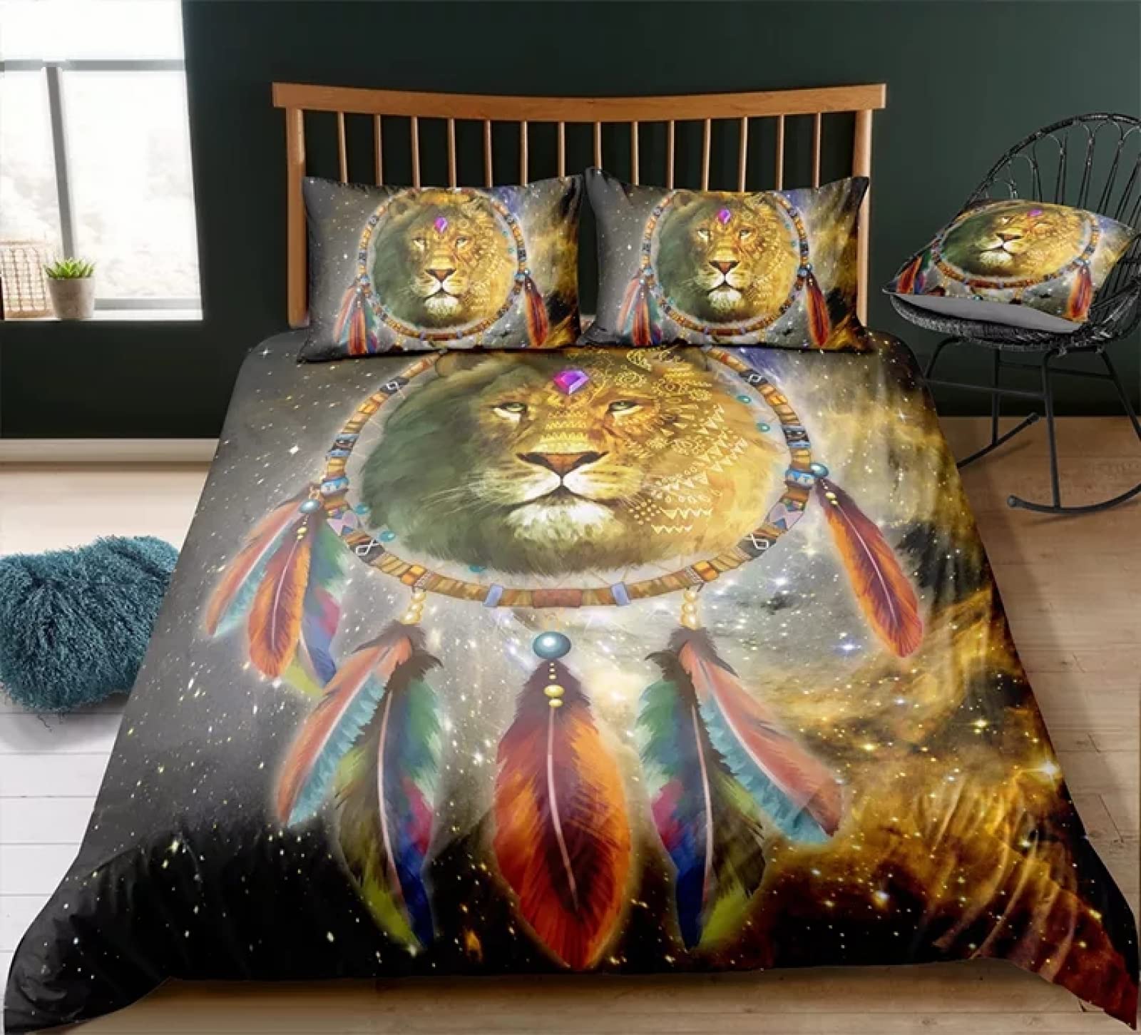 Lion Dream Catcher Duvet Cover Set Queen Size - 3 Piece Microfiber Bedding Set with 2 Pillow Shams, Bohemian Style Teen Bedroom Decor (90x90 Inches) - Perfect for Cozy Dorm Rooms & Boho Chic Bedroom Makeovers