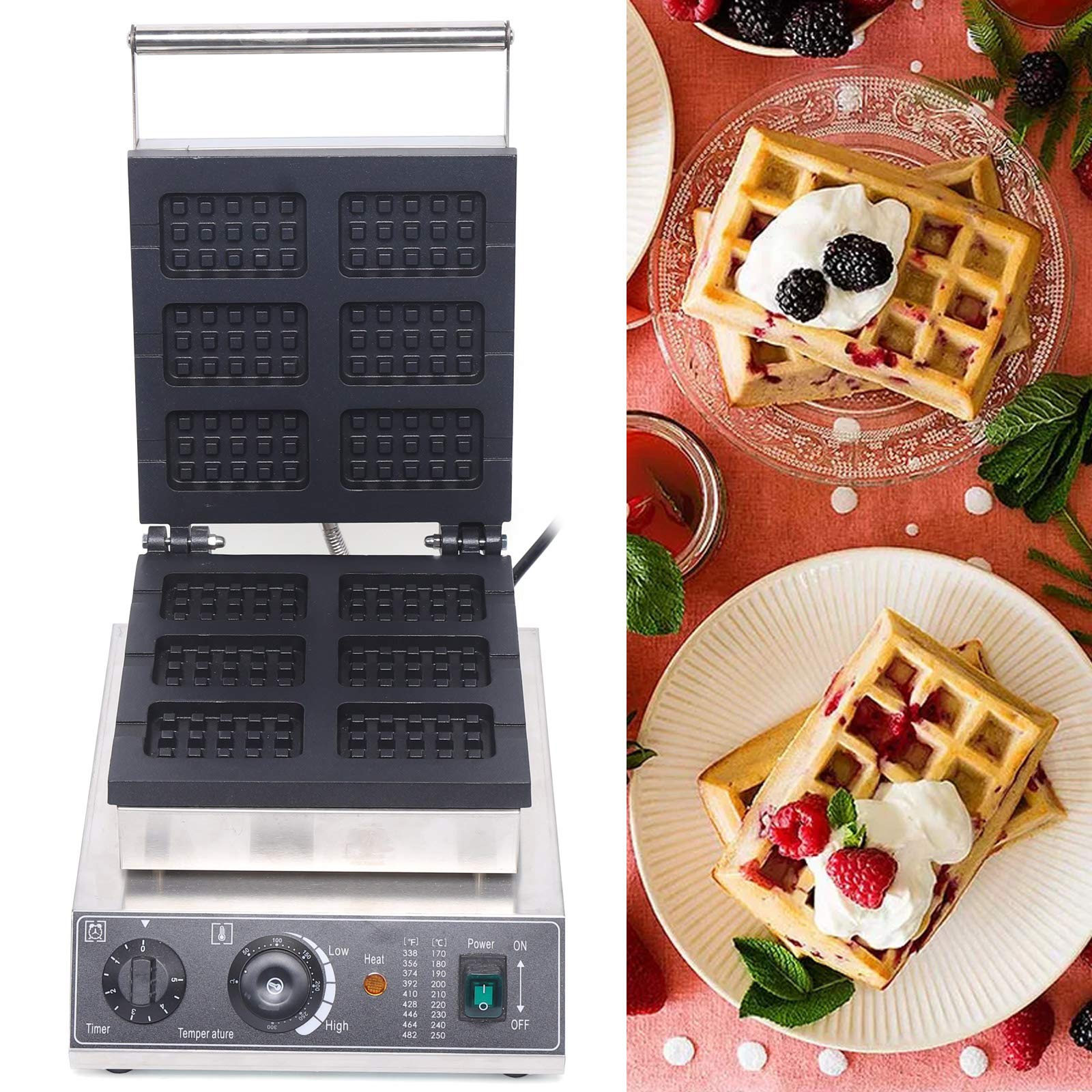 Commercial Waffle Maker with Non-Stick Surface & Temperature Control - 110V Stainless Steel Waffle Machine for Bakeries, Restaurants & Home Use - Perfect for Breakfast, Brunch & Dessert Making (6-Piece Set)