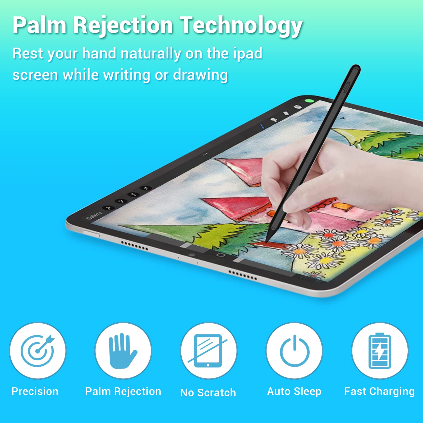 Premium Stylus Pen for iPad - Compatible with iPad Mini 6th/5th Gen, iPad 2018-2024 (9th/8th/7th/6th Gen), iPad Air 5th/4th/3rd Gen & iPad Pro 12.9/11 Inch - Palm Rejection Technology - Perfect for Drawing, Note-Taking & Digital Art (Black)
