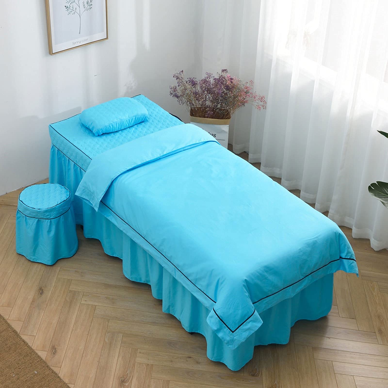 4-Piece Massage Table Skirt Set - Cotton Embroidered Beauty Salon Bed Cover with Gray Pattern (70x185cm) | Perfect for Spa, Massage Therapy & Facial Treatments