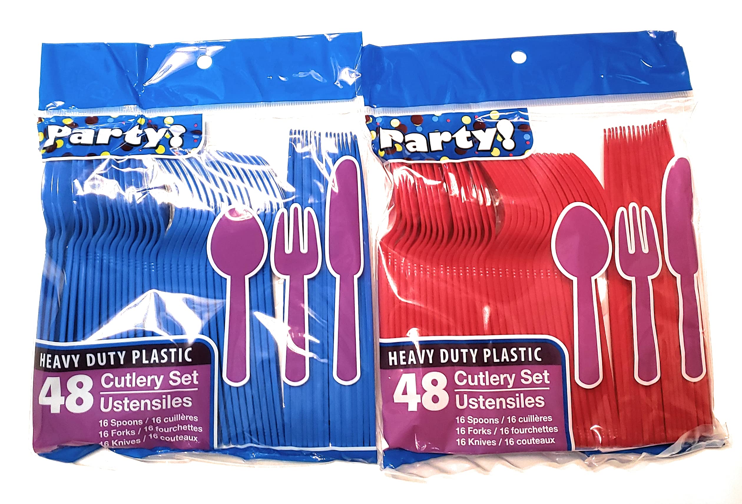 Blue & Red Team Color Disposable Plastic Cutlery Set - 96 Piece Party Utensils (32 Spoons, 32 Forks, 32 Knives) - Bulk Pack for BBQs, Picnics, Birthday Parties & Sports Events