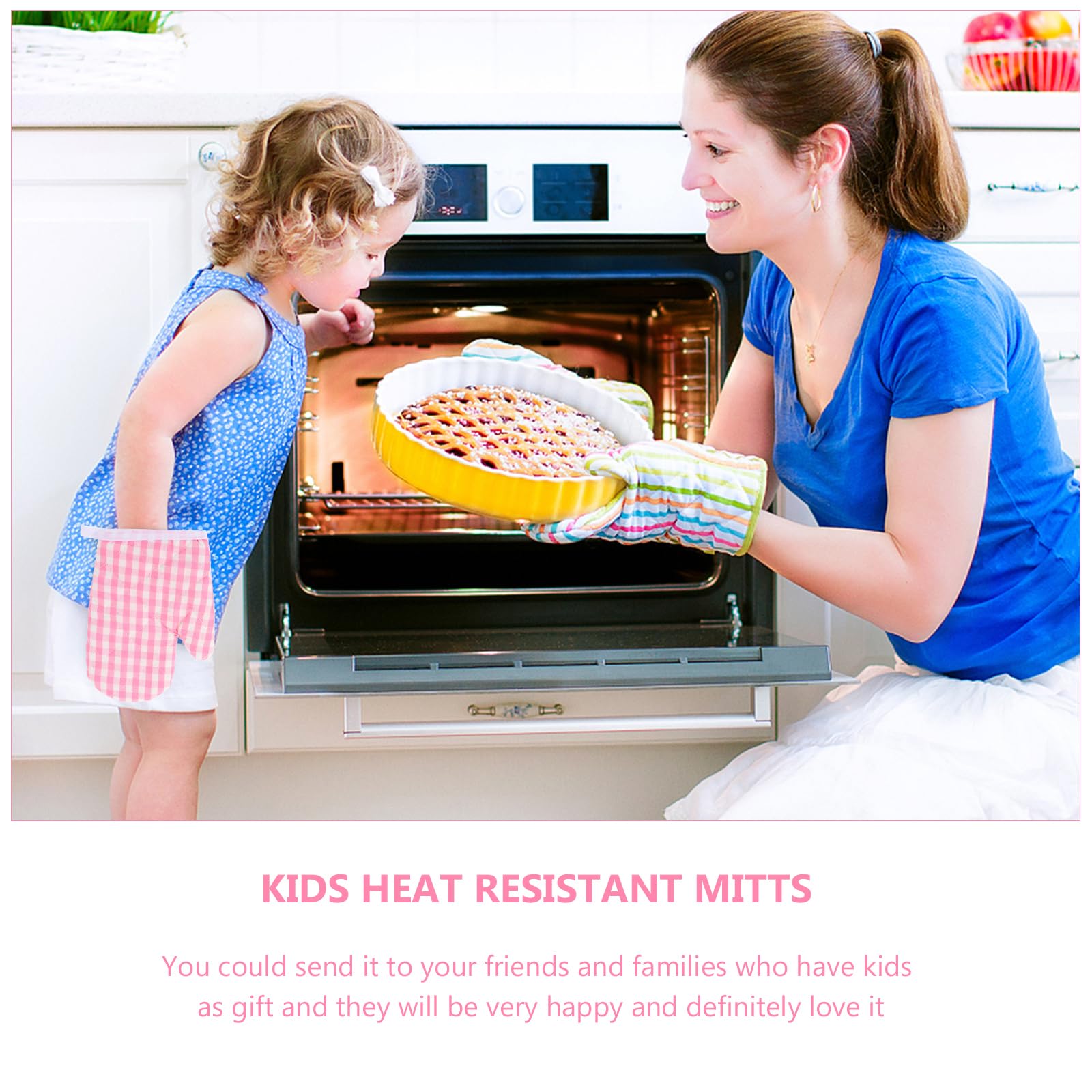 DOITOOL Heat Resistant Kids Oven Mitts - Pink Baking Gloves for Children, Microwave Safe Kitchen Mittens for Cooking, Baking & BBQ - Perfect for Little Chefs & Family Kitchen Activities