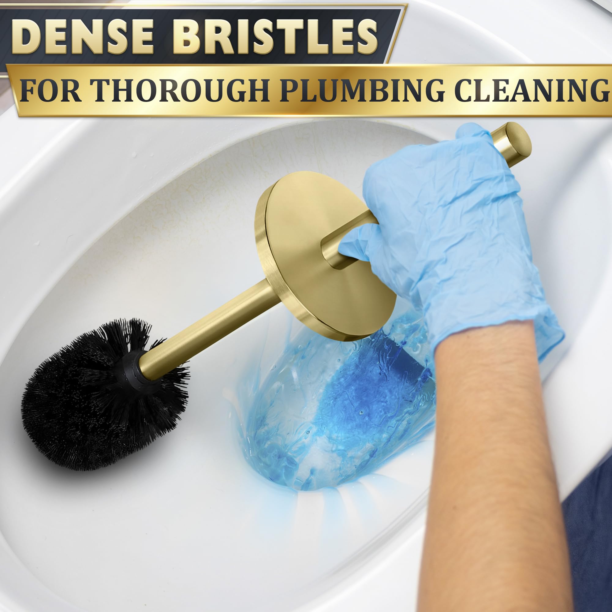 Gold Toilet Brush and Holder Set - Stainless Steel Toilet Bowl Cleaner with Replaceable Head & Splash Guard - Dense Bristles for Deep Cleaning - Perfect for Bathroom, Toilet, and Household Cleaning