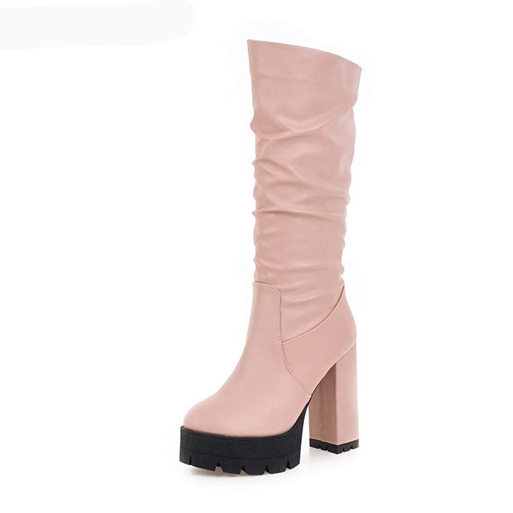 Elsa Wilcox Women's Chunky High Heel Platform Boots - Round Toe Slip On Mid Calf Boots with Thick Bottom for Elegant Style | Perfect for Office, Party & Winter Fashion Outfits
