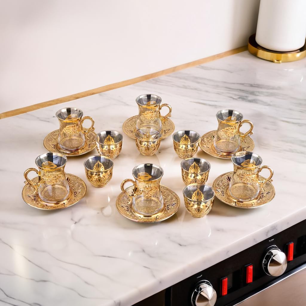 Vintage Handmade Turkish Tea Glasses Set of 6 with Saucer & Holder - Ottoman Style Mırra Cups for Arabic Tea Ceremony - Perfect for Serving Guests, Housewarming Gifts, Dinner Parties & Special Events - Elegant Gold Finish