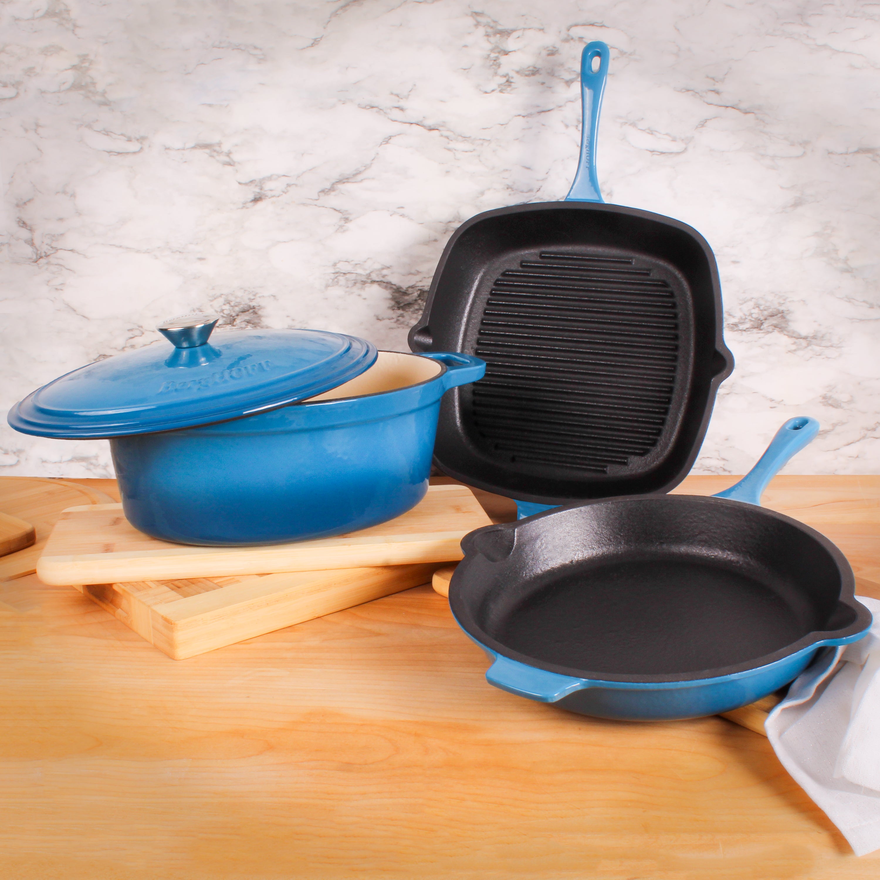 BergHOFF Neo 4-Piece Cast Iron Cookware Set - Grill Pan, Fry Pan & Oval Dutch Oven, Blue Enamel Coating | Perfect for Stovetop, Oven & Outdoor Cooking | Durable Kitchen Essentials for BBQ, Frying & Braising