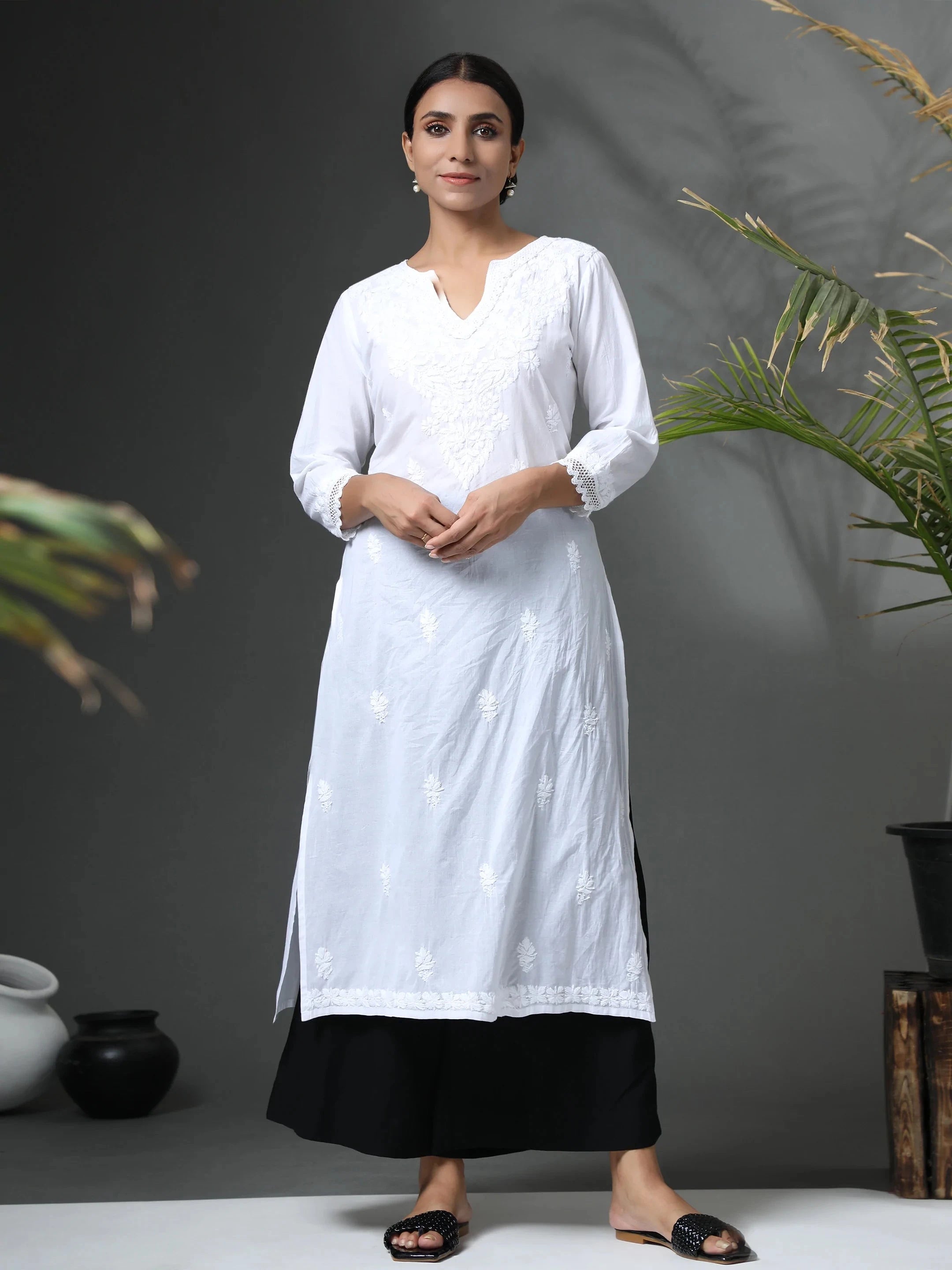 Sharmin HOK Chikankari Long Kurti for Women - White Traditional Indian Embroidered Tunic Top - Perfect for Festivals, Weddings & Ethnic Occasions