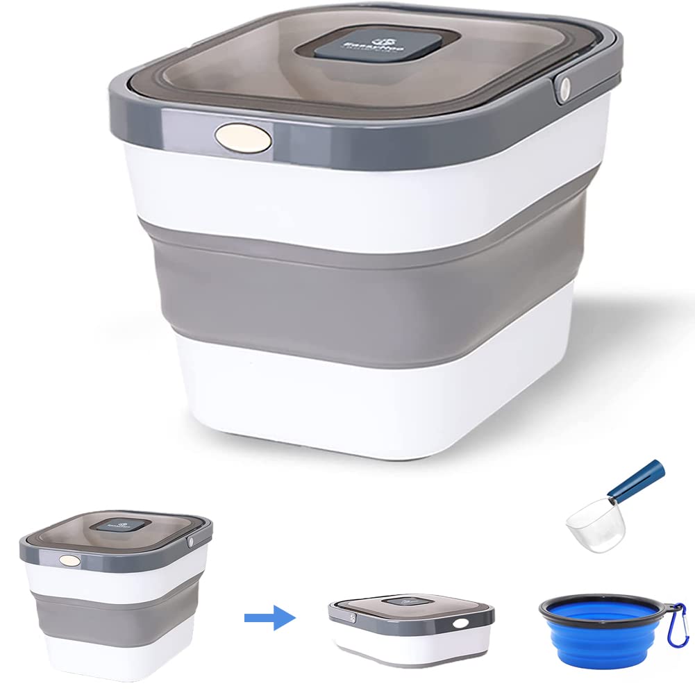 15lb Airtight Dog Food Storage Container with Measuring Scoop | Foldable Pet Food Bin for Dogs & Cats | Includes Collapsible Travel Bowl | Perfect for Home, Travel & Outdoor Use