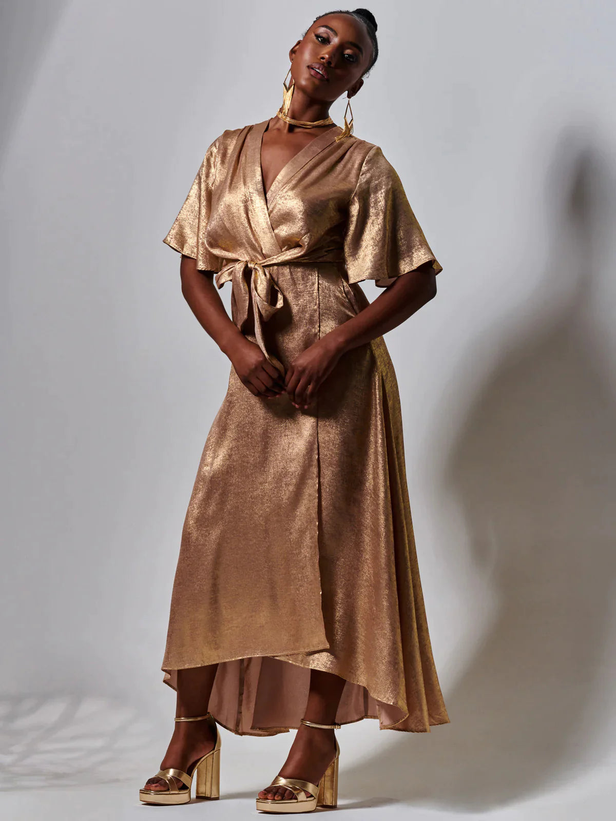 Metallic Effect Wrap Maxi Dress - Gold Curve - Elegant Evening Gown for Women, Perfect for Parties, Weddings & Special Occasions