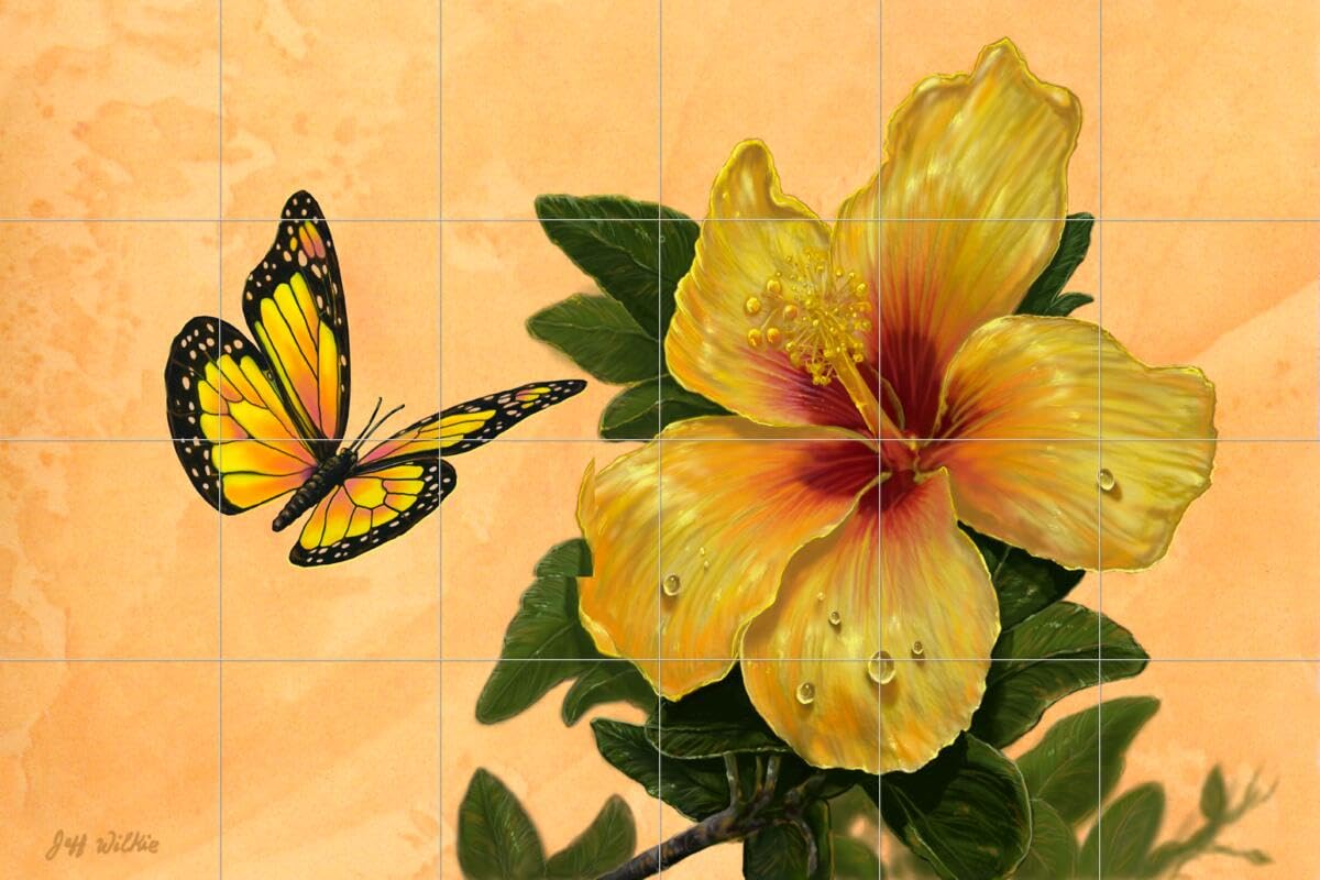 Hand-Painted Ceramic Butterfly Mural Backsplash Tile for Kitchen & Bathroom - Hibiscus Romance Design by Jeff Wilkie - Perfect for Home Renovation & Decorative Wall Accents