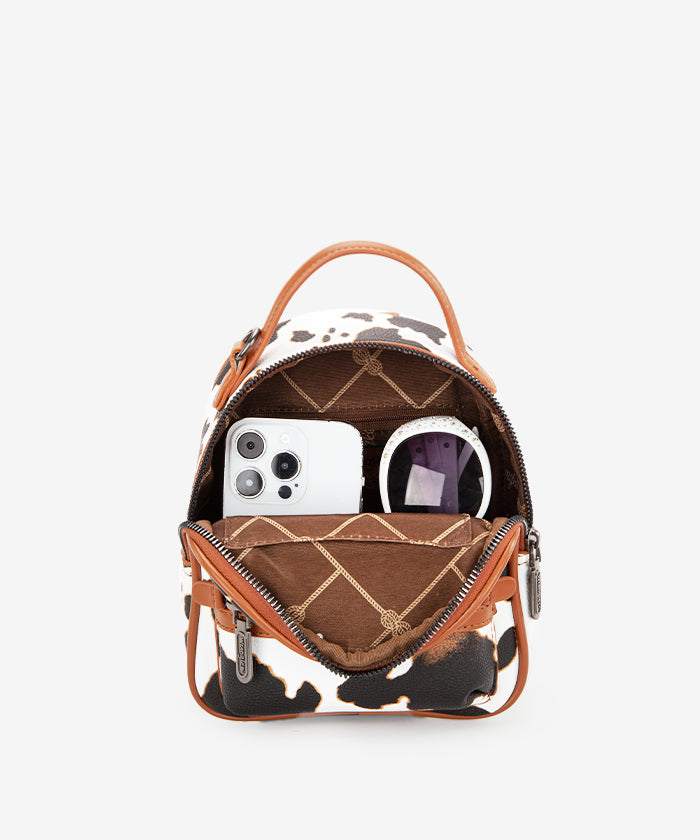 Wrangler Cow Print Mini Backpack for Women - Trendy Western Style Small Purse for Travel, School & Daily Use