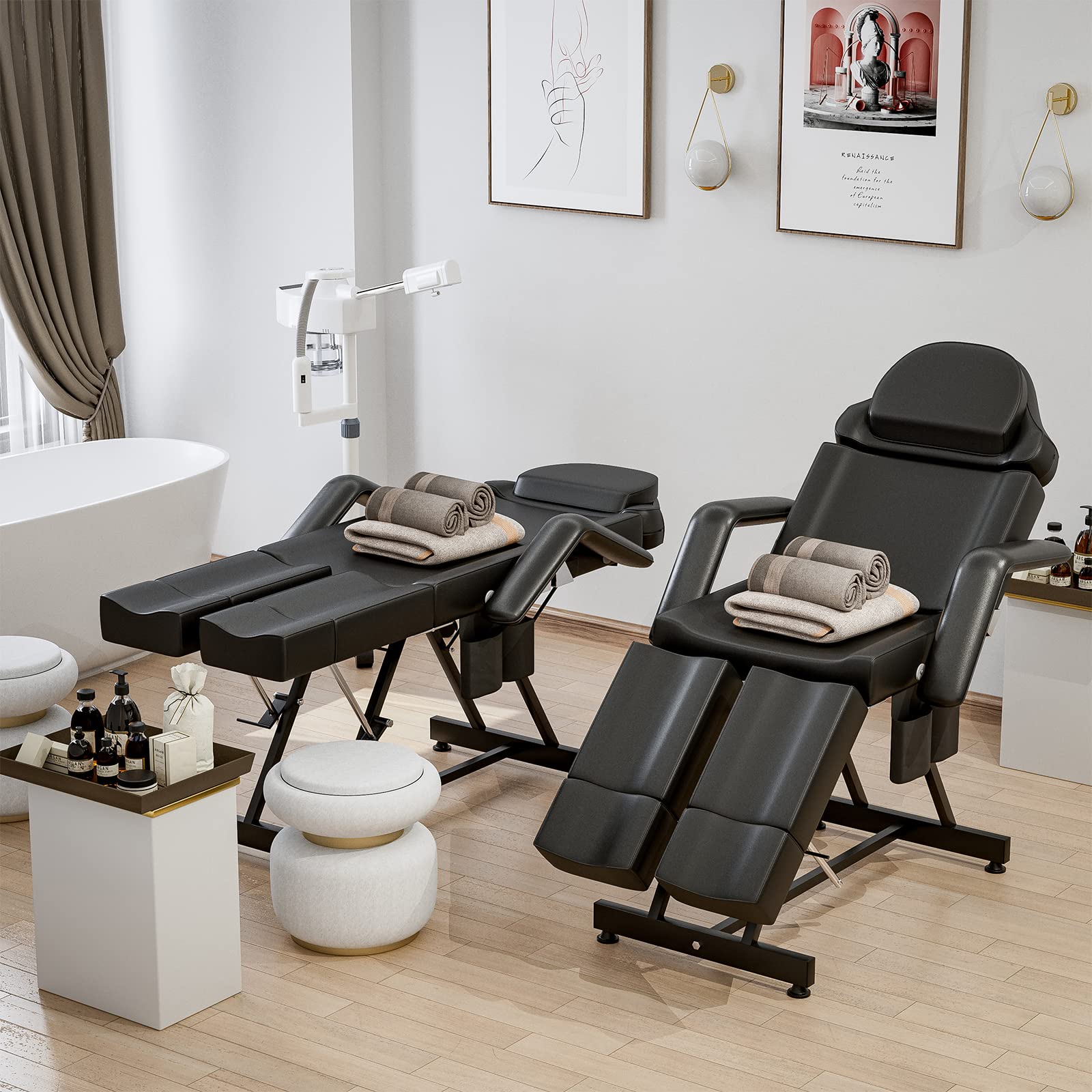 Paddie Adjustable Facial Bed Tattoo Table with Split Legs & Storage Pocket - Professional Spa Massage, Lash Extensions, Microblading & Pedicure Table for Estheticians - Perfect for Salon, Home Spa & Beauty Treatments (Black)