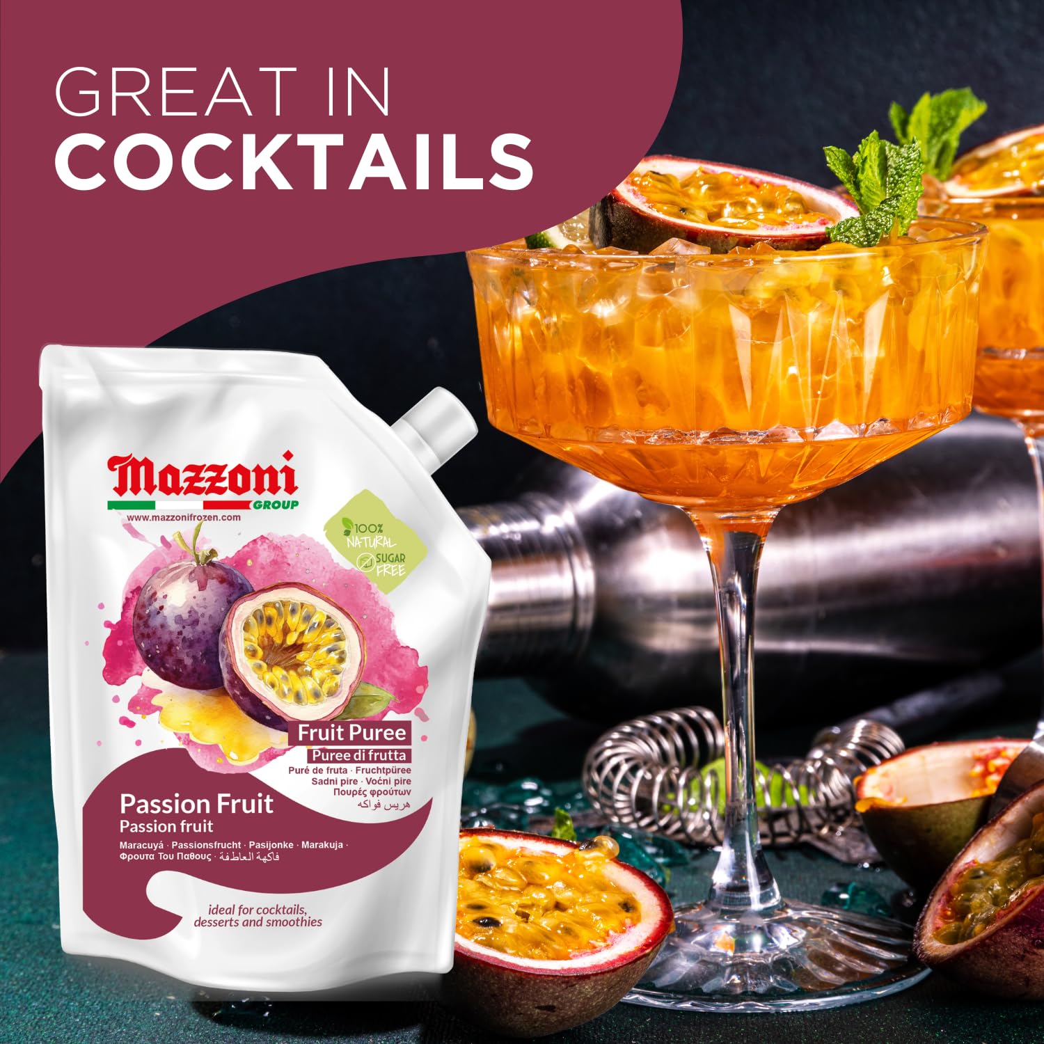 Mazzoni 100% Pure Passion Fruit Puree (Maracuya) - No Sugar Added, 2.2 lbs (35.2 oz) - All Natural Fruit Puree for Smoothies, Cocktails, Juices & Baking - Italian Made Premium Fruit Puree for Healthy Drinks, Desserts & Mixology