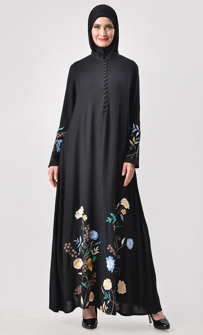 Bloom with Shine Embroidered Abaya - Elegant Islamic Dress for Women | Perfect for Prayer, Eid & Special Occasions