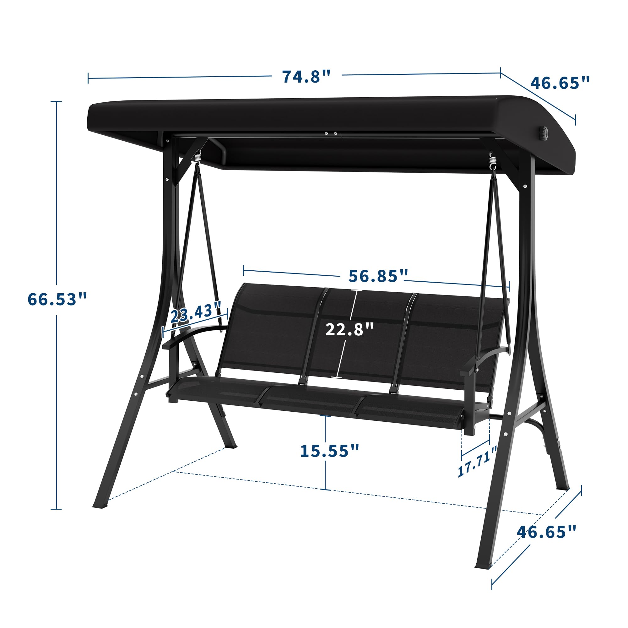GARVEE 3-Seat Outdoor Patio Swing with Adjustable Canopy - Sturdy Steel Frame Porch Swing Chair for Backyard, Garden & Poolside - Perfect for Relaxing, Lounging & Enjoying Outdoor Spaces (Black)