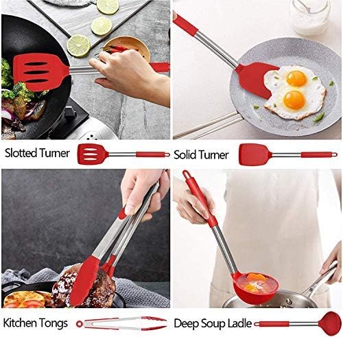 8-Piece Red Silicone Stainless Steel Kitchen Utensil Set - Non-Slip Heat-Resistant Cooking Tools for Baking, Frying & Serving - Perfect Gift for Home Chefs