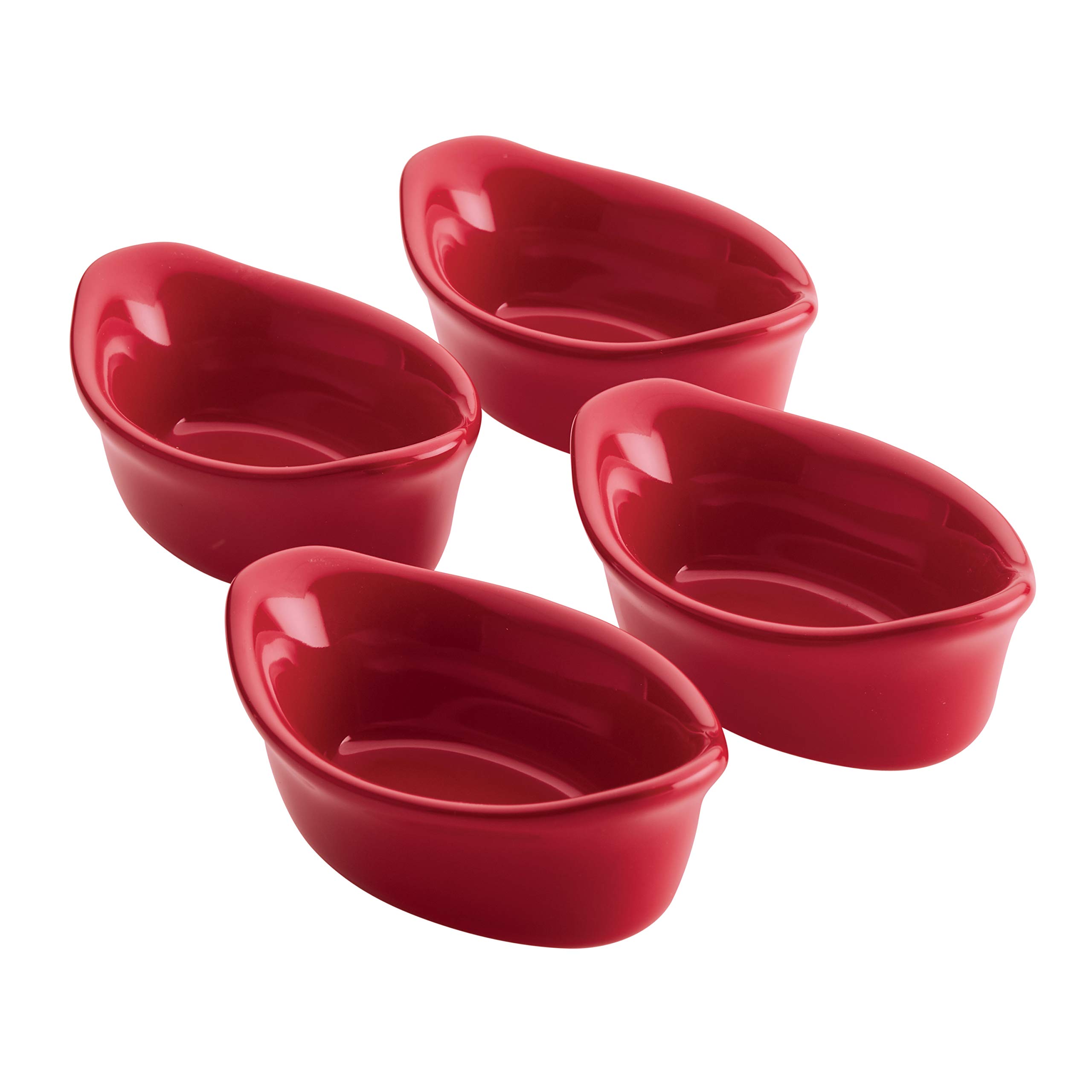 Rachael Ray Solid Glaze Ceramic Dipping Bowls & Ramekin Set - 4-Piece Oval Appetizer Dishes for Snacks, Dips, Desserts, Sauces - Perfect for Entertaining, Parties, Kitchen & Dining - Red