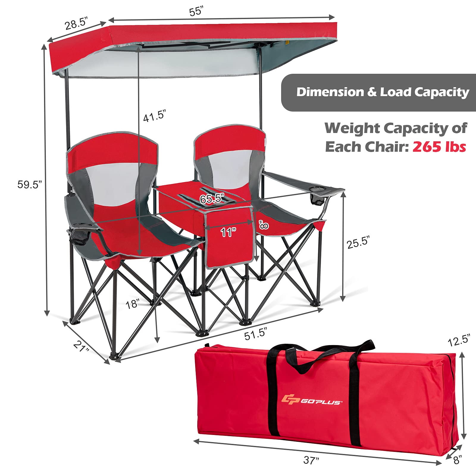 Goplus Double Beach Chair with Canopy Shade - Portable Folding Lawn & Camping Chairs with Sunshade, Mini Table, Beverage Holder & Carrying Bag - Perfect for Outdoor Travel, Hiking, Fishing, Poolside & Backyard Relaxation (Red)