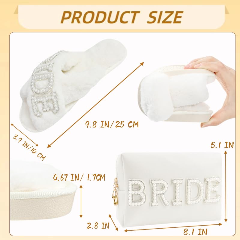 Elegant Bride-to-Be Makeup Bag with Pearl Rhinestone & Fuzzy Slippers Set - Perfect Bridal Shower, Wedding & Bachelorette Gifts for Her - Ideal for Pre-Wedding Pampering & Honeymoon Essentials