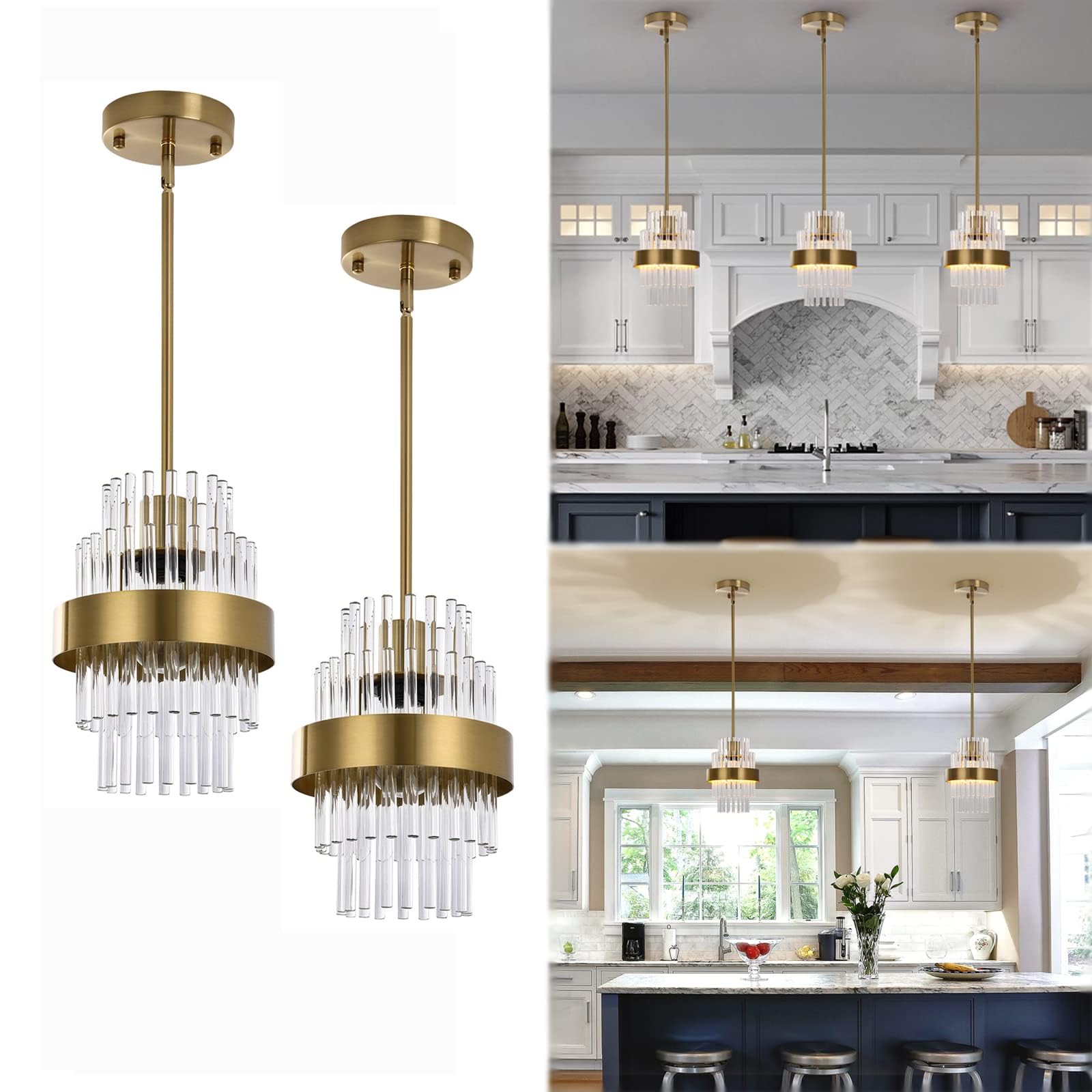 Modern Glass Pendant Light Fixtures - 7 Inch Brass Kitchen Island Lighting (2 Pack) - Adjustable Height for Dining Room, Bar Counter & Home Decor