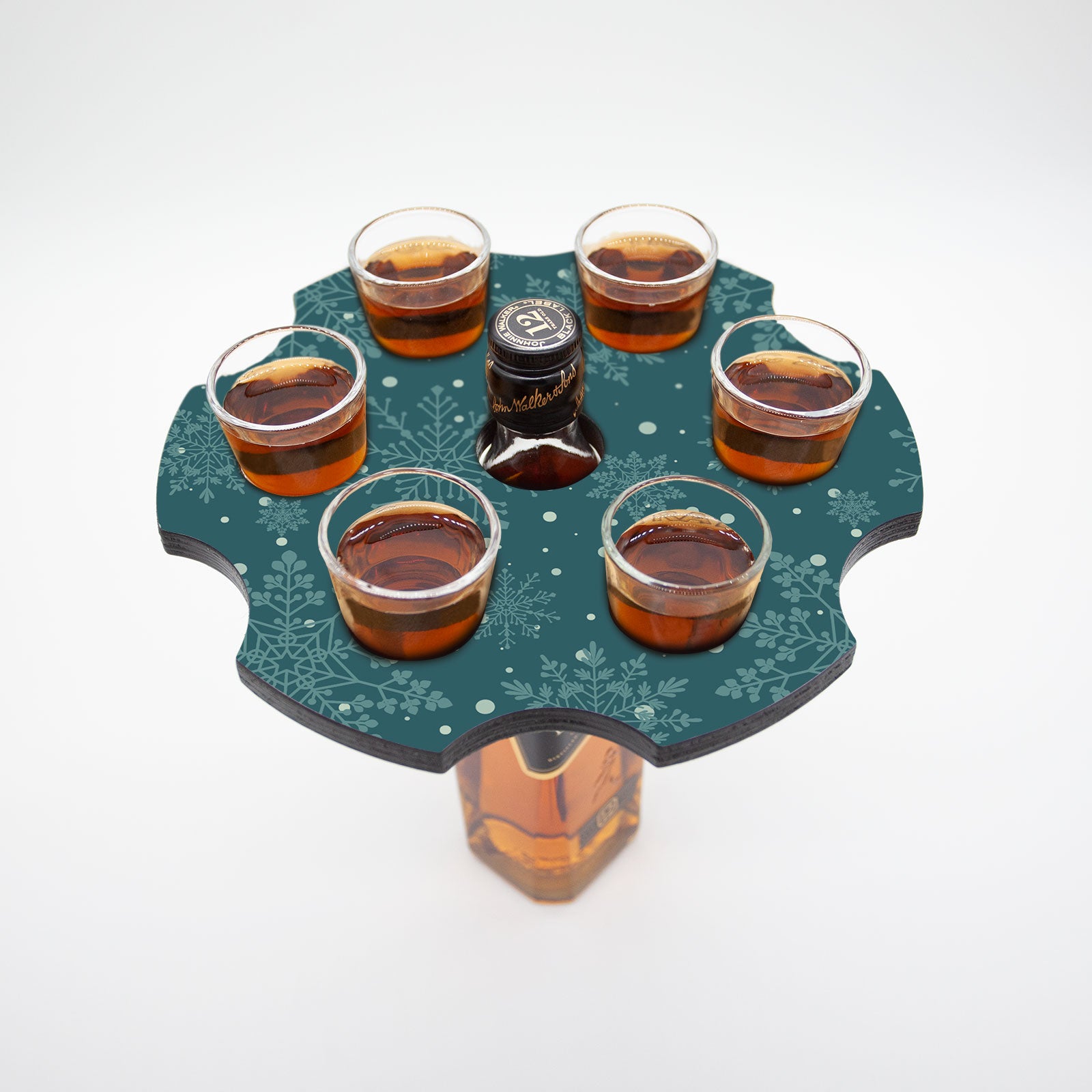 6-Shot Wooden Shot Glass Holder with Bottle Stopper - Snowflake Design - Perfect for Parties, Bars, and Home Entertaining