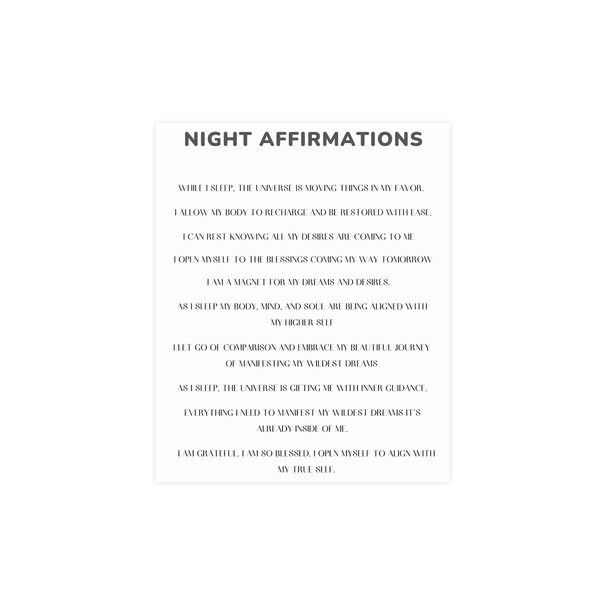Night Time Affirmations and Manifestation Sayings Vertical Matte Poster - Positive Bedroom Wall Art for Meditation & Self-Care