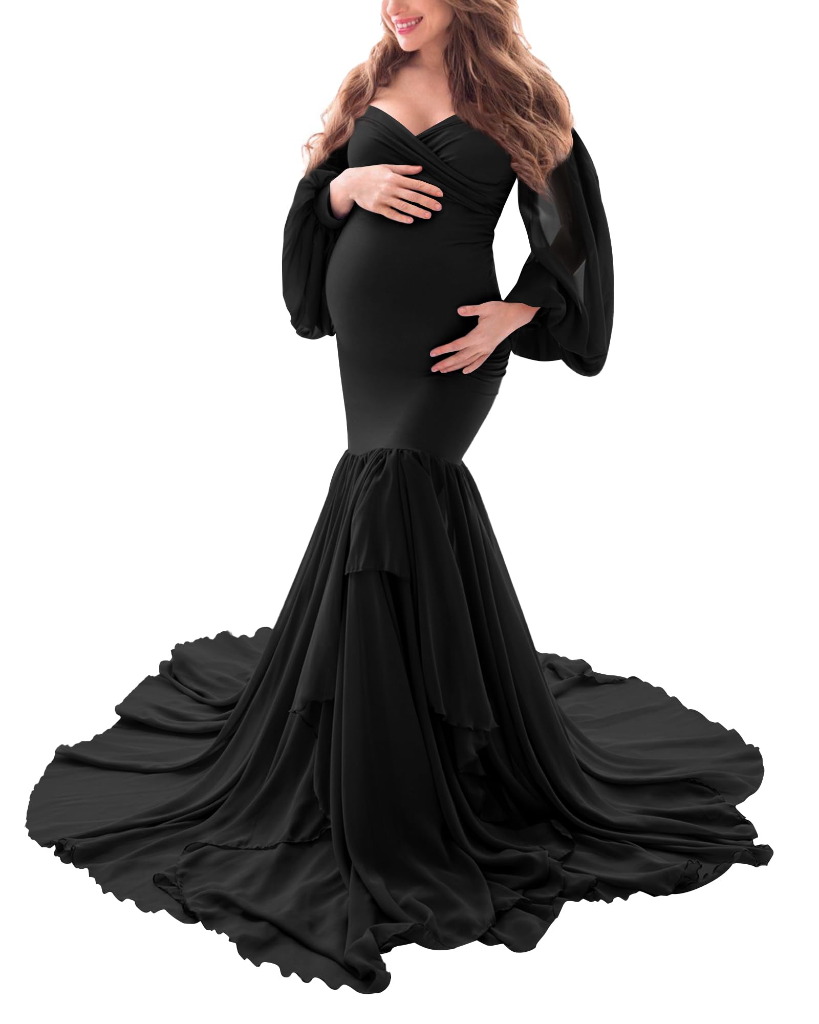 Saslax Elegant Long Chiffon Sleeve Mermaid Maternity Dress for Photoshoot, Baby Shower, Pregnancy Photos, Wedding Guest & Special Occasions