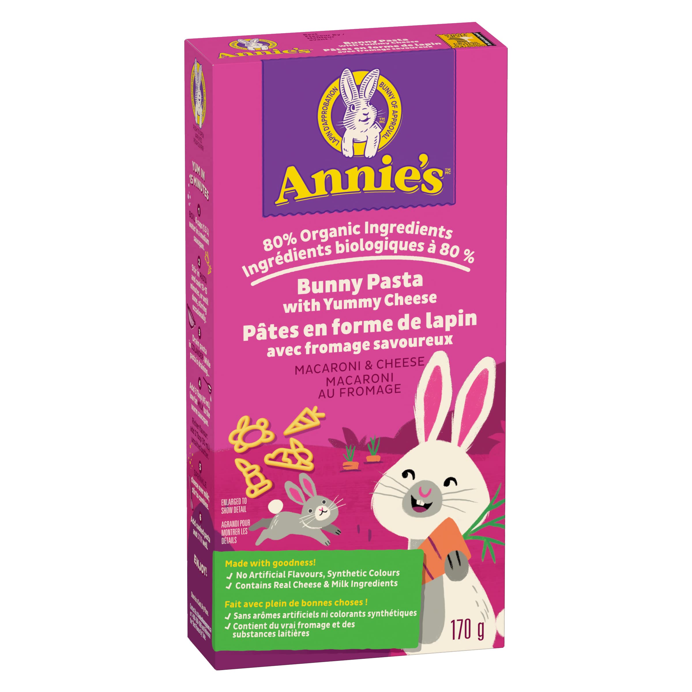 Organic Annie's Mac and Cheese Bunny Pasta - No Artificial Flavors or Colors, Real Cheese & Milk, 80% Organic (170g) - Perfect for Kids' Lunches, Quick Family Dinners & Healthy Snacks