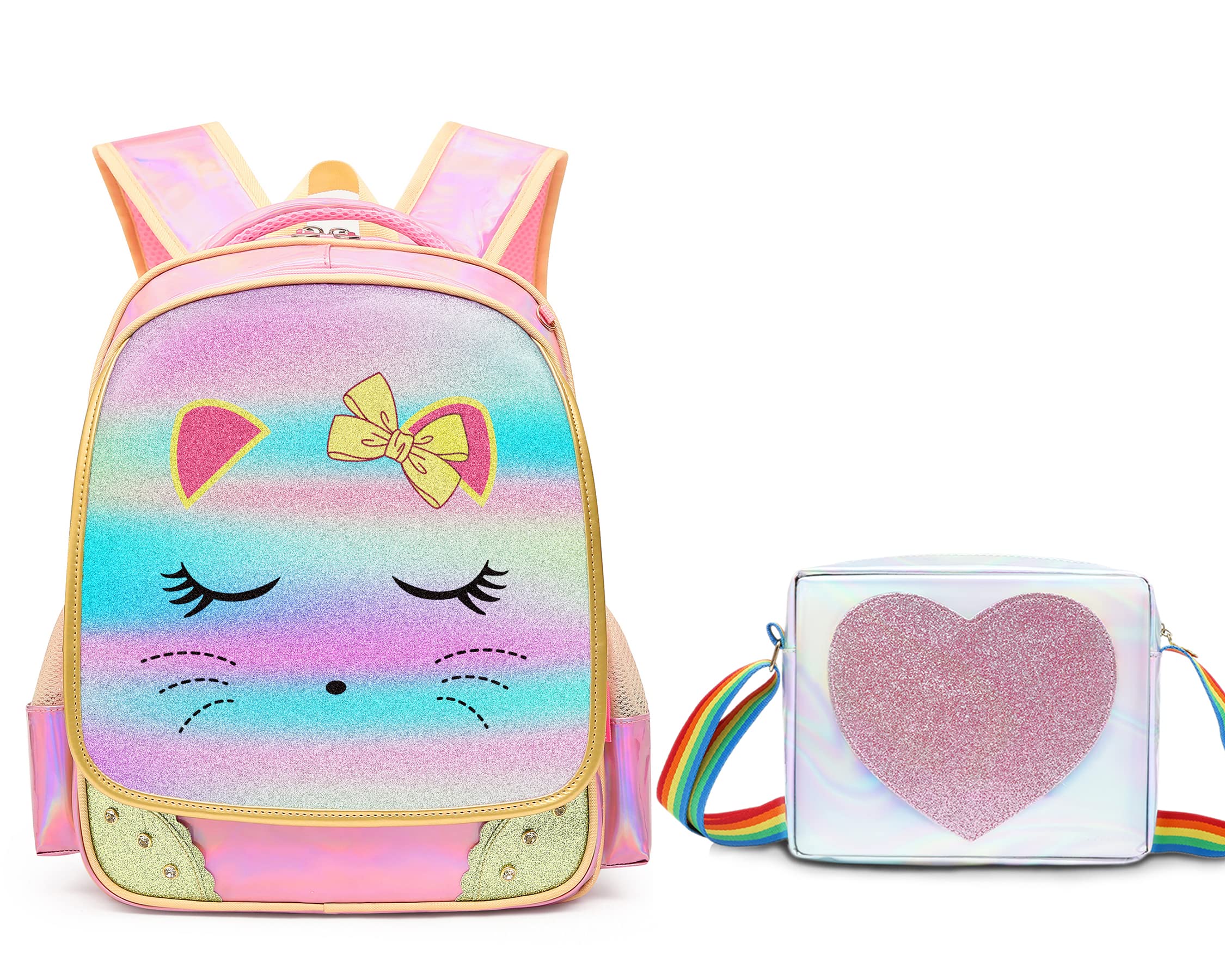 **Dorlubel Cute Cat Face Glitter Backpack for Girls - Kids School Backpack with Diamond Design, Lightweight Book Bag for Elementary Students (Pink & Green Set) - Perfect for School, Travel & Daily Use**
