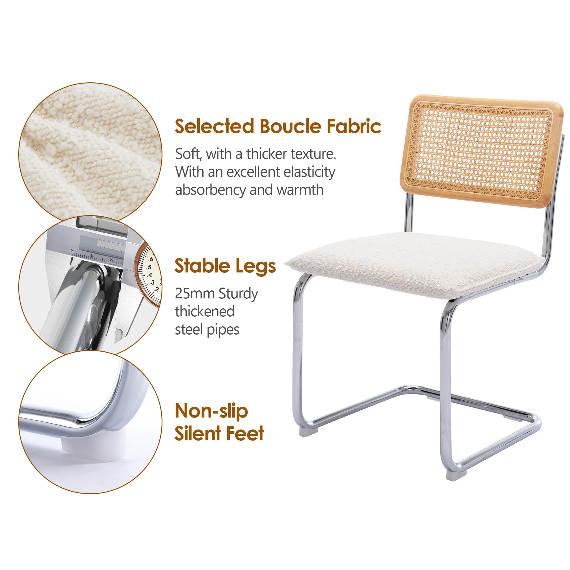 ONEVOG Set of 2 Upholstered Boucle Dining Chairs - Sturdy Rubber Wood Frame with Natural Cane Back & Chrome Base - Comfortable Kitchen Chairs for Dining Room, Club, Waiting Room, Restaurant, Office or Home Decor