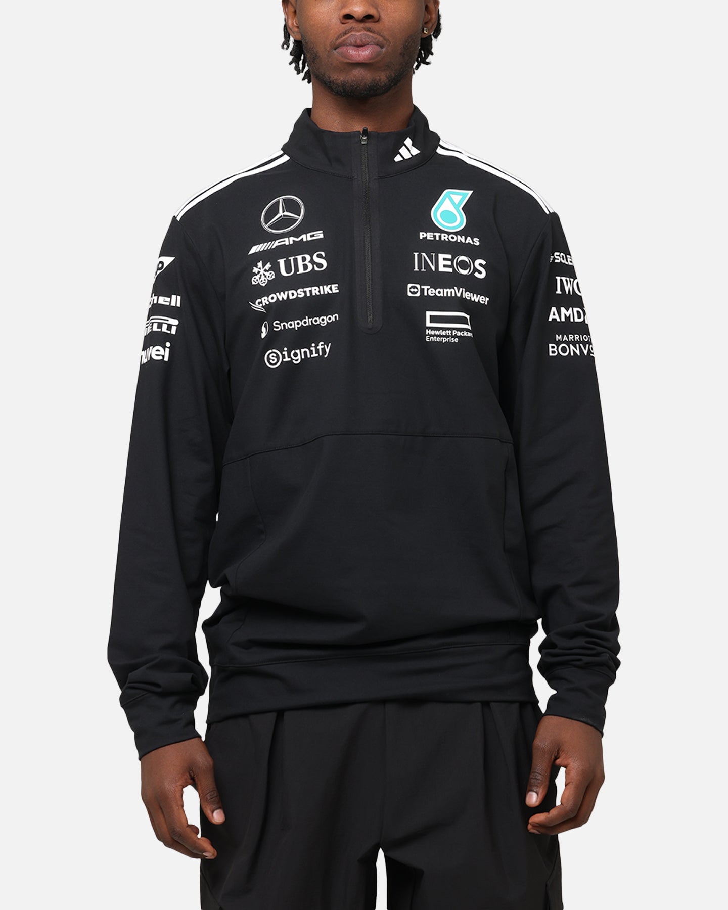 Adidas x Mercedes AMG Petronas F1 2025 Team Quarter Zip Jacket - Black/White - Men's Racing-Inspired Performance Jacket for Motorsport Fans & Streetwear Fashion