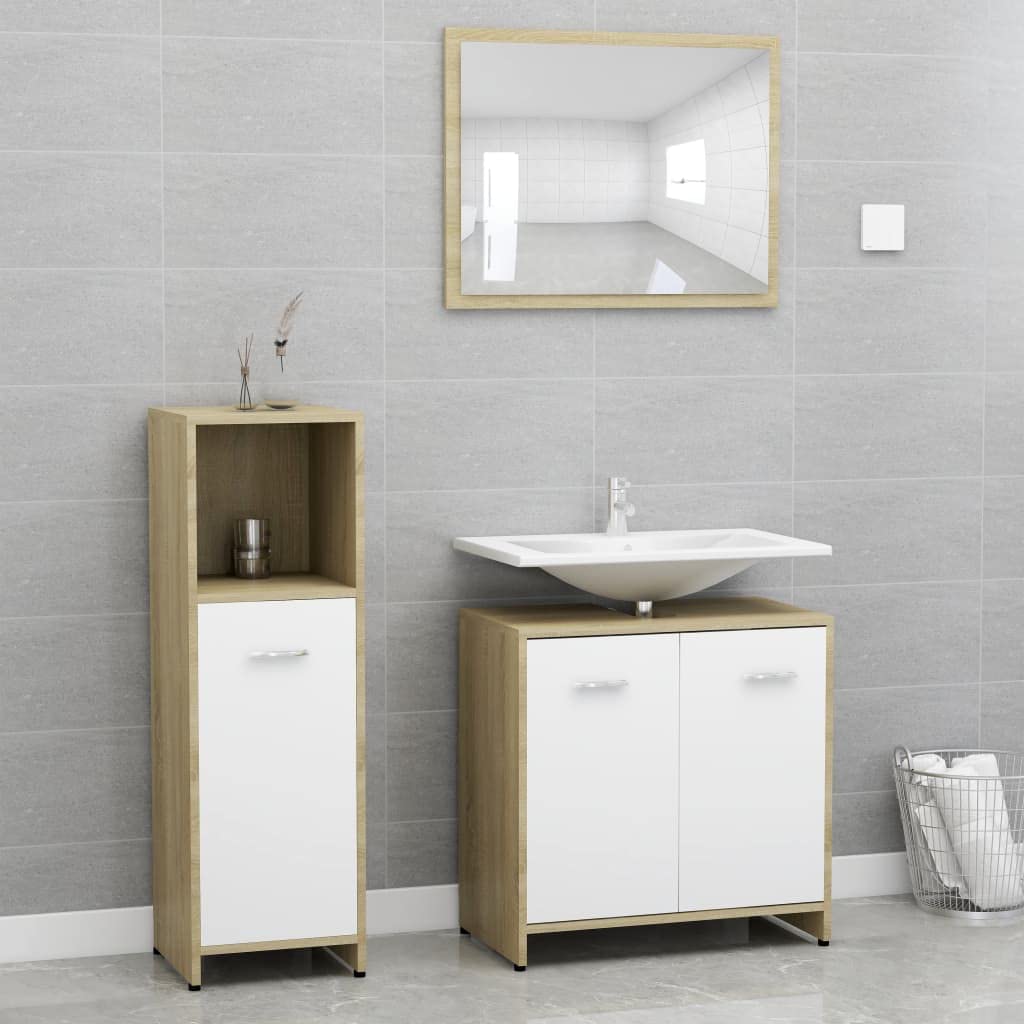 Wall-Mounted Bathroom Storage Cabinet with Door - 3 Piece Bathroom Furniture Set in White & Sonoma Oak (Chipboard) - Perfect for Small Bathrooms, Vanity Storage & Organizing Toiletries
