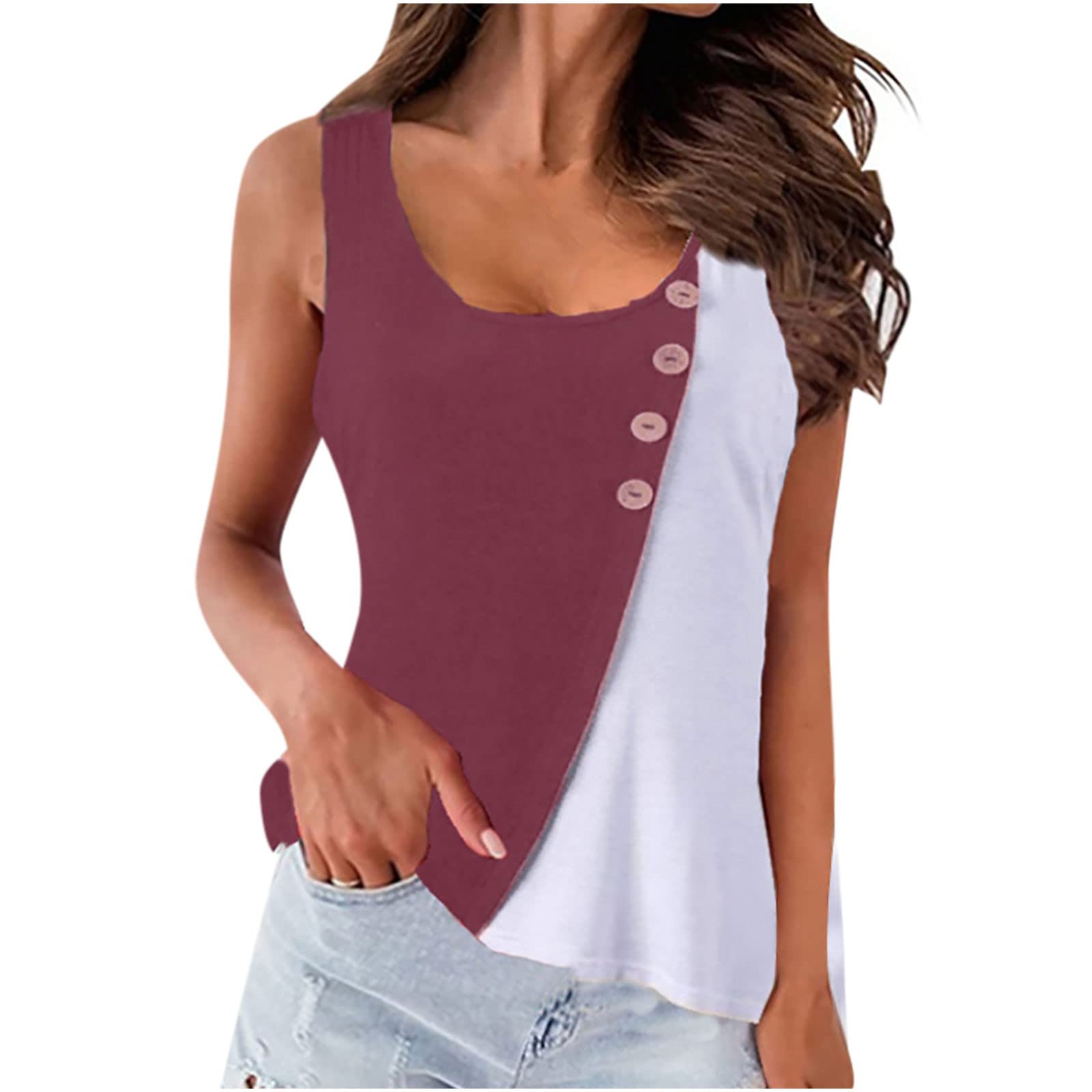 Women's Summer Tank Tops - Scoop Neck Casual Sleeveless Blouse with Button Detail | Color Block Loose Fit T-Shirt | Perfect for Beach Outings, Vacation Wear & Casual Summer Fashion