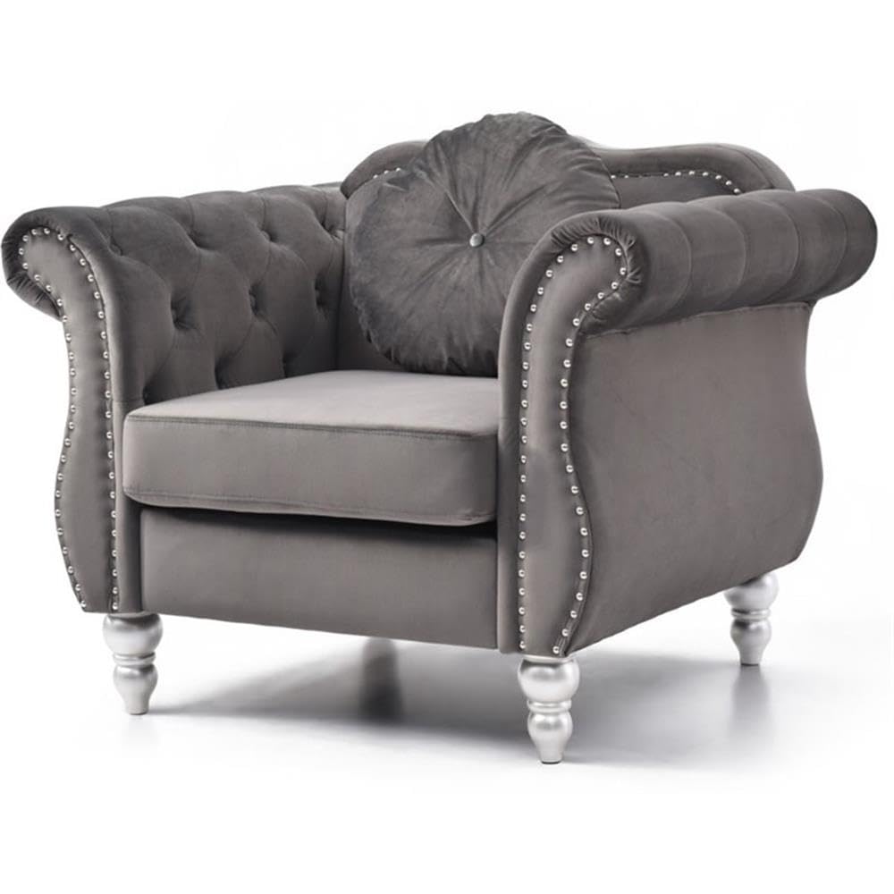 Luxury Hollywood Velvet Chair - Dark Gray Upholstered Accent Chair for Living Room, Bedroom & Office - Modern Tufted Lounge Chair with High Back for Home Decor