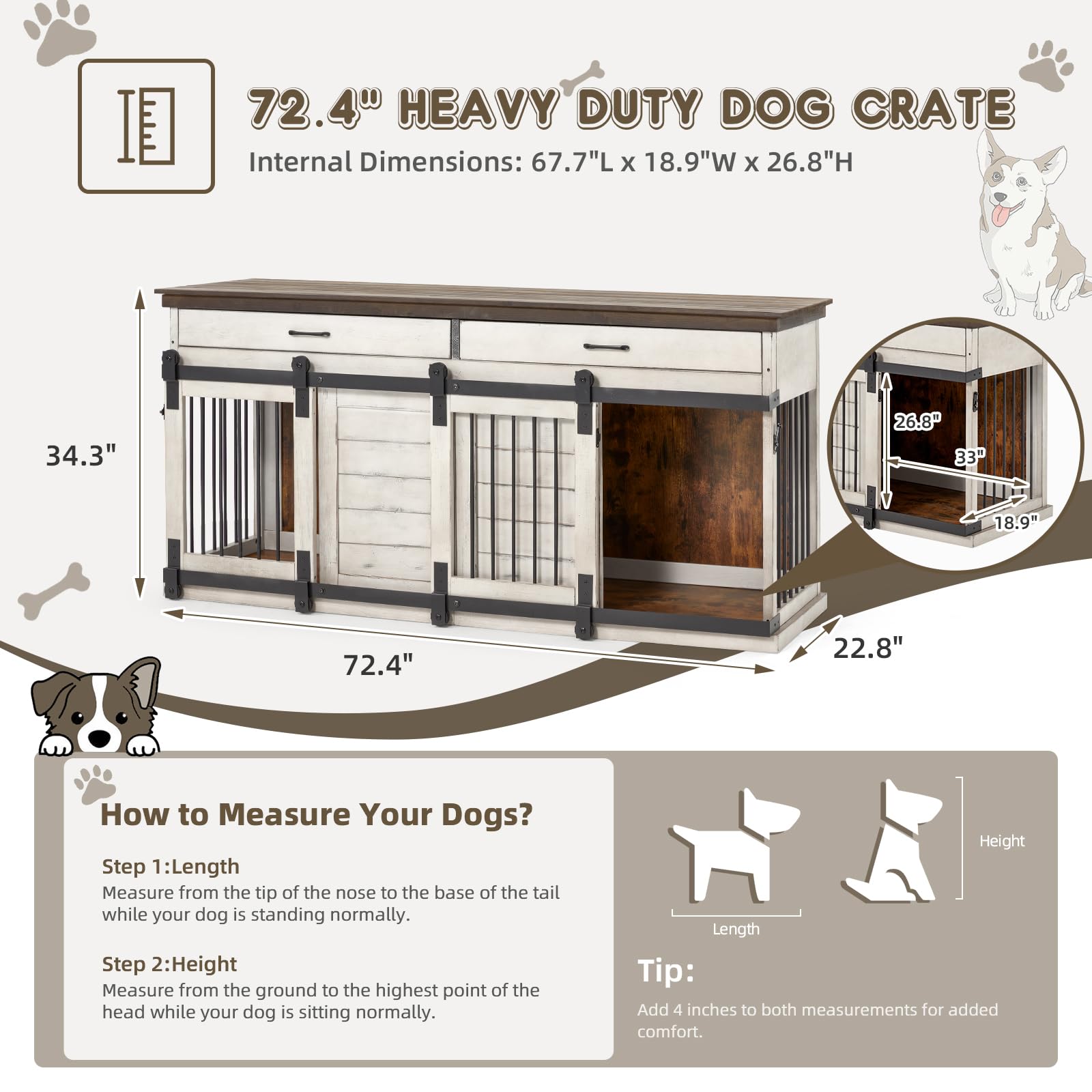Erinnyees Solid Wood Dog Crate Furniture - 72.4