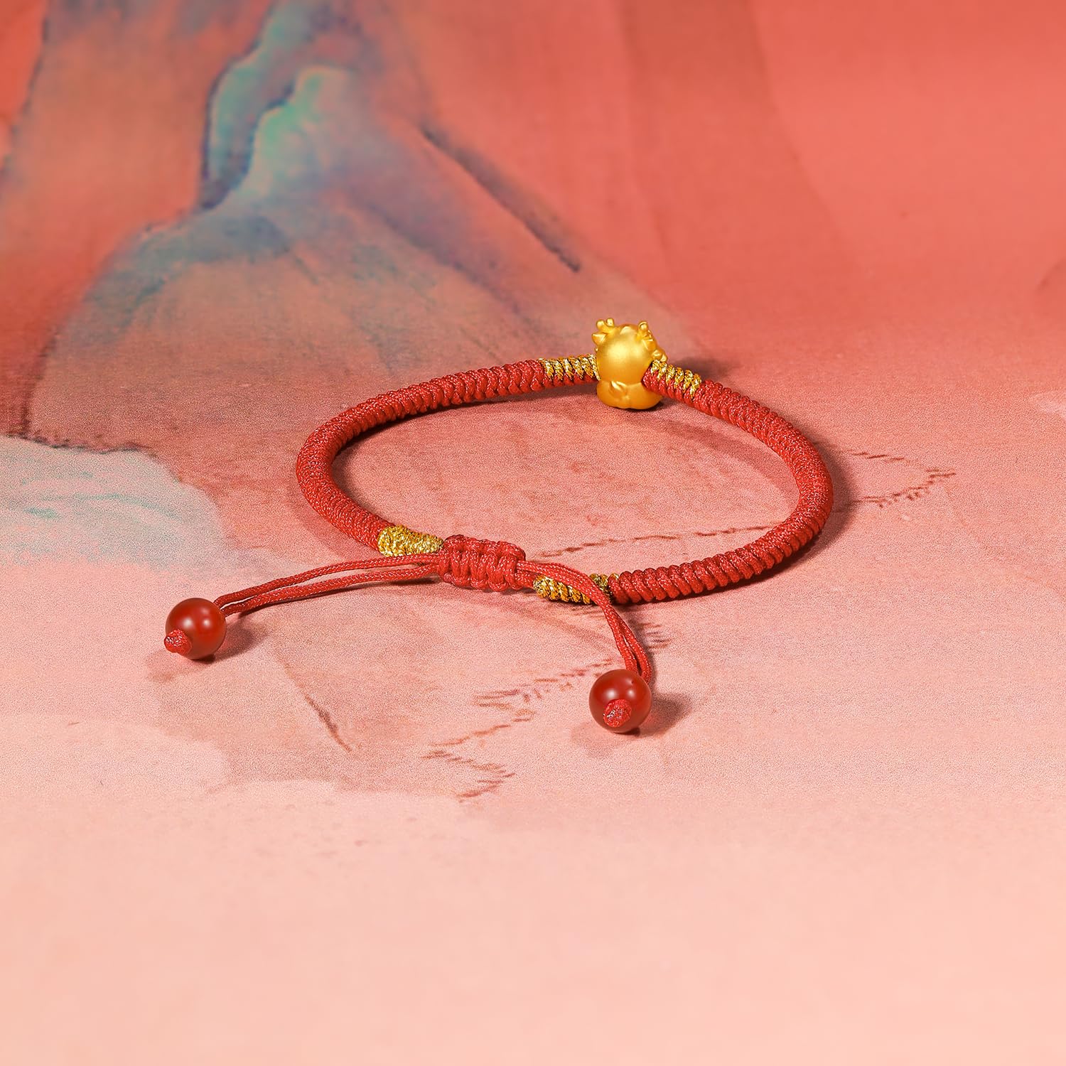 24K Gold Dragon Charm Bracelet - Adjustable Solid Gold Beaded Bangle with Red Braided Rope for Good Luck | Trendy Fashion Jewelry Gift for Women & Men | Perfect for Daily Wear, Special Occasions & Spiritual Protection