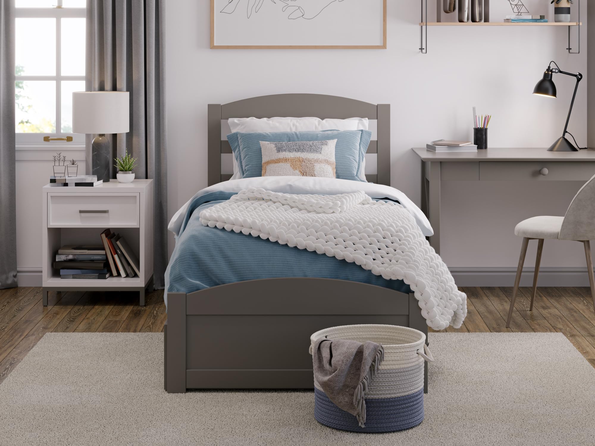 AFI Warren Twin XL Platform Bed with Footboard, Storage & USB Charging Station in Grey - Perfect for Small Spaces, Dorm Rooms & Guest Bedrooms