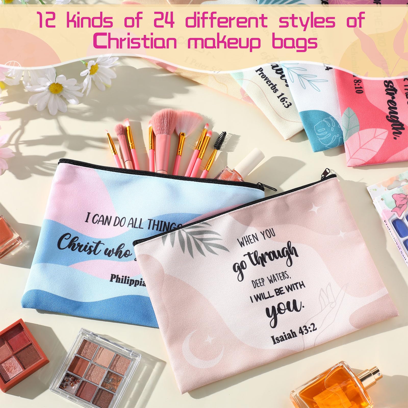 24 Pcs Christian Makeup Bags with Bible Verses - Inspirational Canvas Cosmetic & Toiletry Pouches with Zipper for Women - Perfect for Organizing Cosmetics, Toiletries & Stationery (Boho Style) - Great for Church, Travel, Gifts & Daily Use