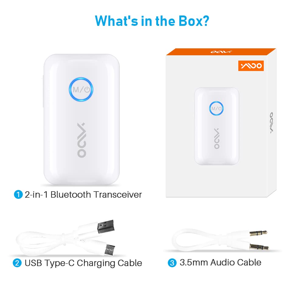 YMOO Bluetooth 5.3 Transmitter & Receiver - 2-in-1 Wireless Audio Adapter with 3.5mm Low Latency for TV, Headphones, Speakers | Perfect for Home Theater, Gaming & Music Streaming (White)