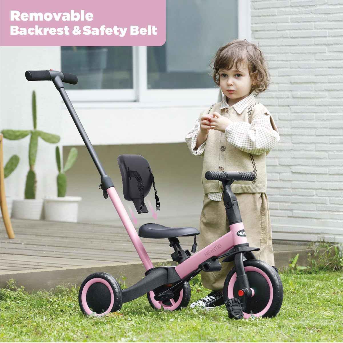 Newyoo Toddler Tricycle for 1-3 Year Old Kids - Adjustable Push Handle, Safety Belt & Backrest - Pink Balance Learning Bike TR007 - Perfect Birthday Gift for Boys & Girls - Indoor & Outdoor Play, Park Rides, Backyard Fun