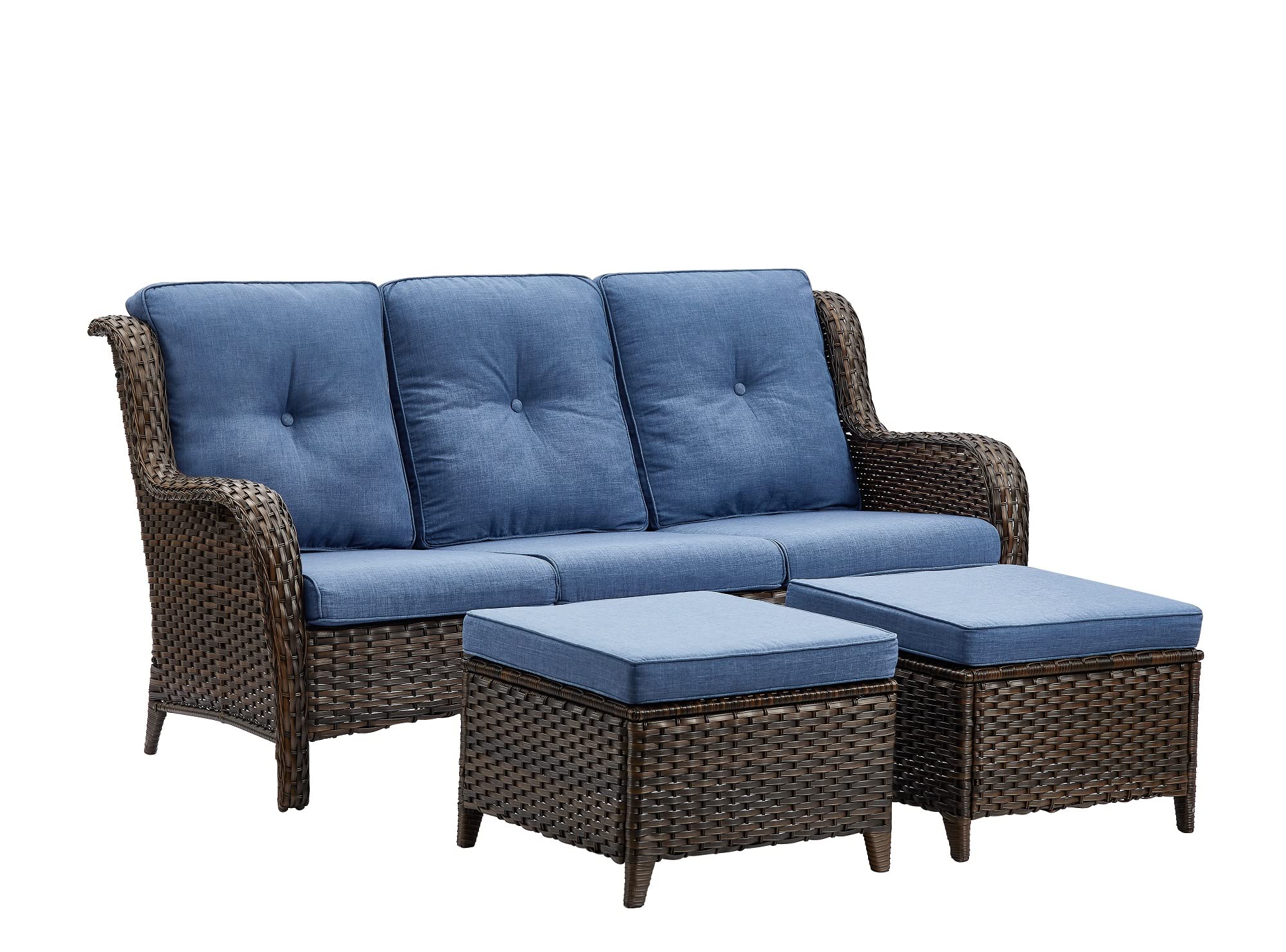 HUMMUH 3-Piece All-Weather Wicker Patio Furniture Set - Outdoor Sectional Sofa with Manual Weaving Rattan & High Curved Back - Includes Ottomans - Perfect for Backyard, Poolside & Garden Relaxation