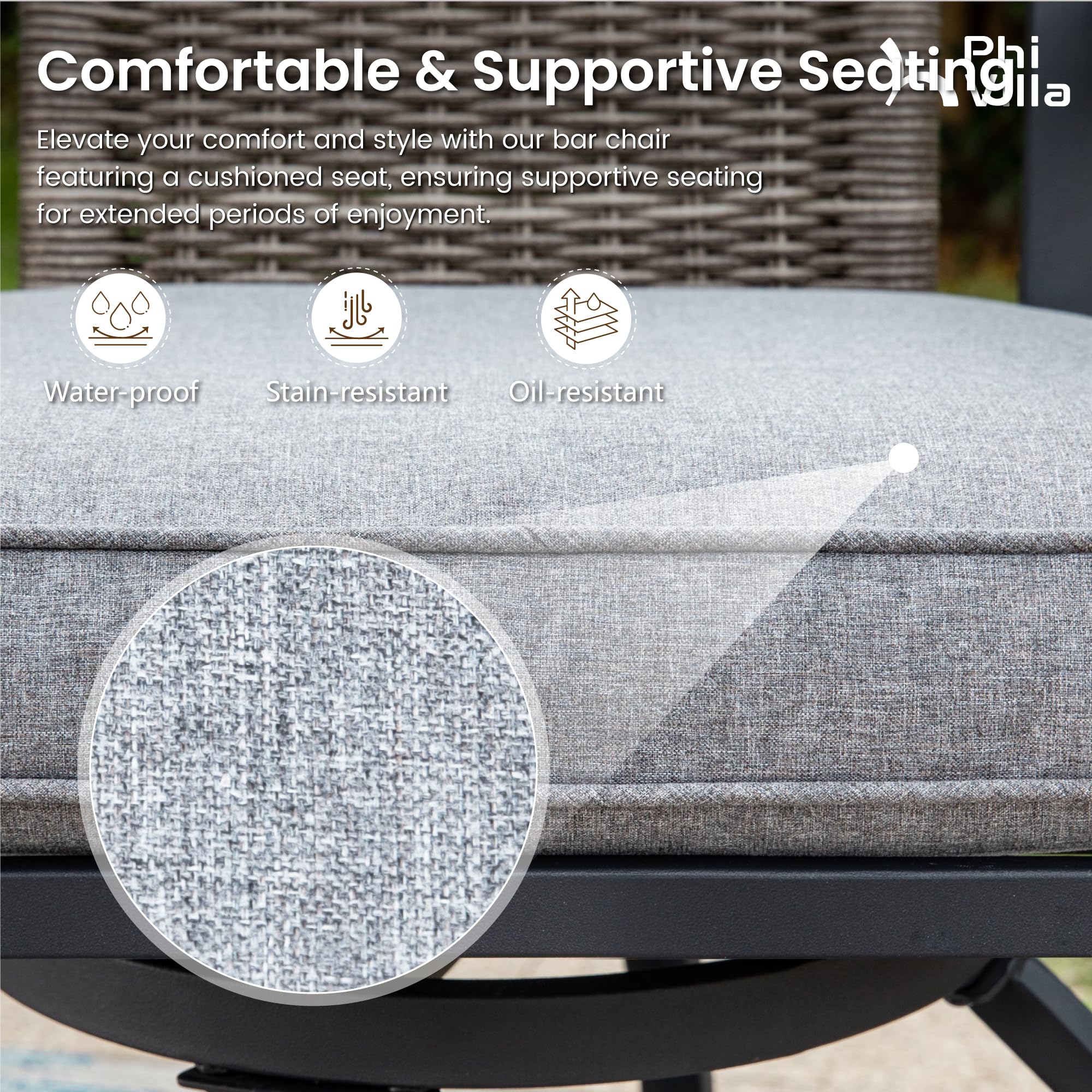PHI VILLA 3-Piece Outdoor Bistro Set - Counter Height Swivel Bar Chairs with Rattan Backrest & Gray Cushion + Square Metal Table - Weatherproof Patio Furniture for Garden, Yard, Poolside - Perfect for Entertaining, Relaxing & Outdoor Dining