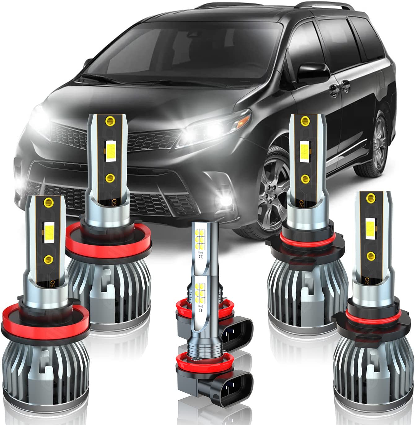 SYJIIP 9005 H11 H8 LED Headlight Bulbs Conversion Kit - Compatible with 2011-2020 Toyota Sienna (High/Low Beam & Fog Lights), Plug and Play, Pack of 6 - Upgrade Your Night Driving Safety & Visibility