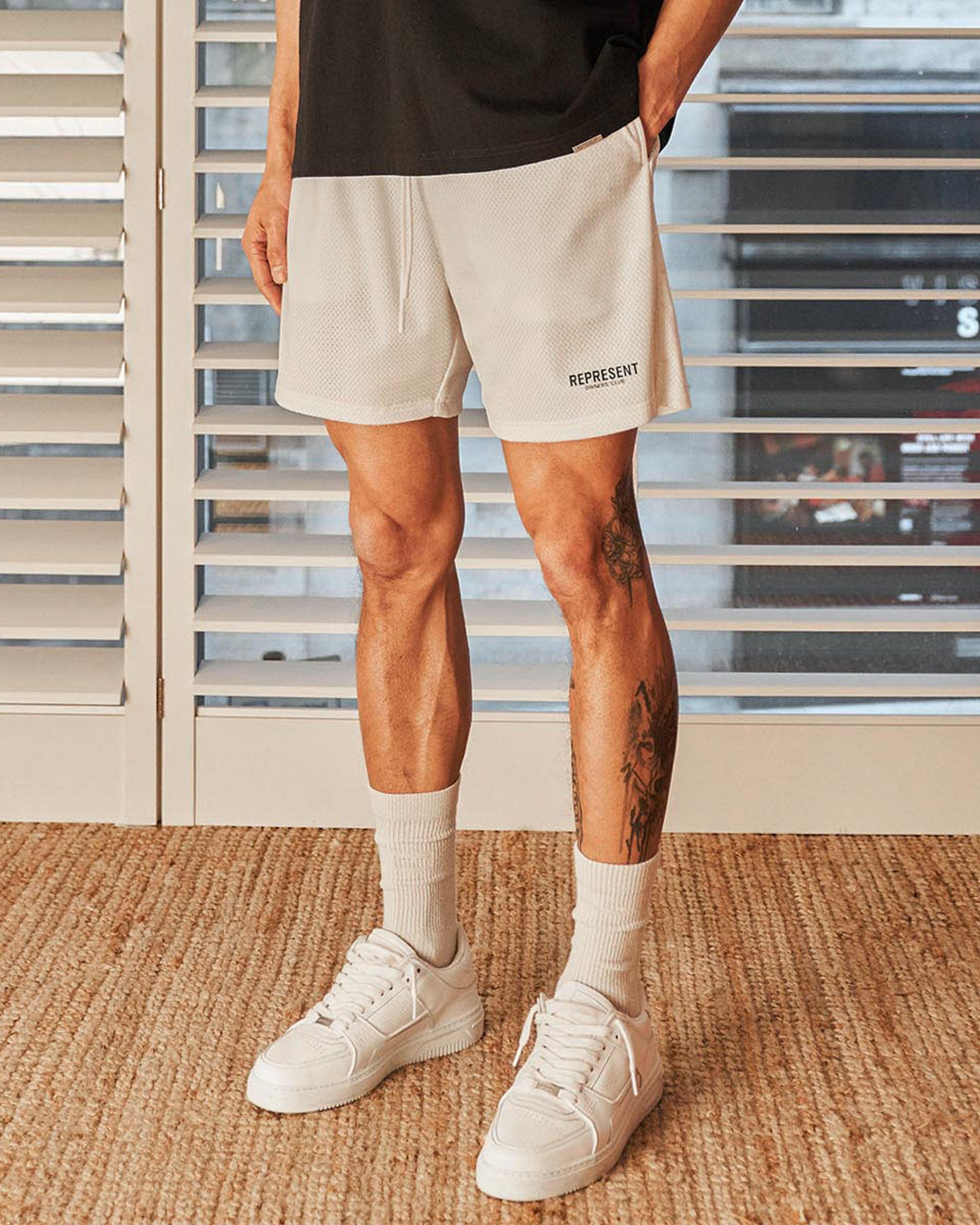 Represent Owners Club Mesh Shorts - Flat White | Breathable Athletic Shorts for Men, Gym Workout & Casual Wear