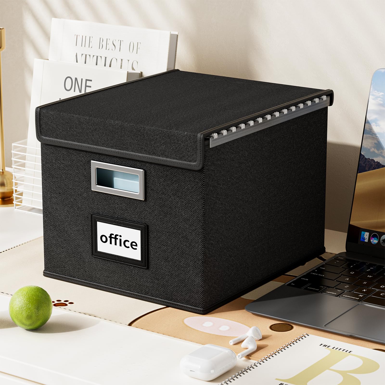 Huolewa Upgraded Portable File Organizer Box - Large Collapsible Linen Hanging Office Document Storage Box with Lid (Black, 14.9 x 12.59 x 10.8 inch) | Perfect for Home Office Organization, File Storage & Decorative Home Storage Solutions